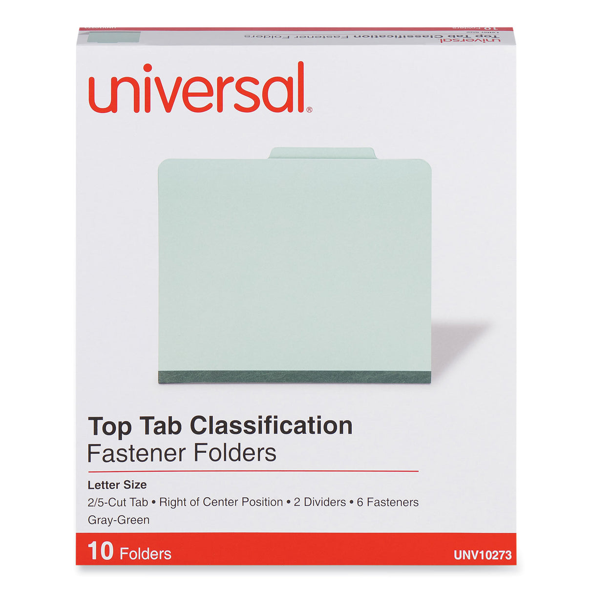 Universal Six-Section Pressboard Classification Folders, 2" Expansion, 2 Dividers, 6 Fasteners, Letter Size, Gray-Green, 10/Box (UNV10273)