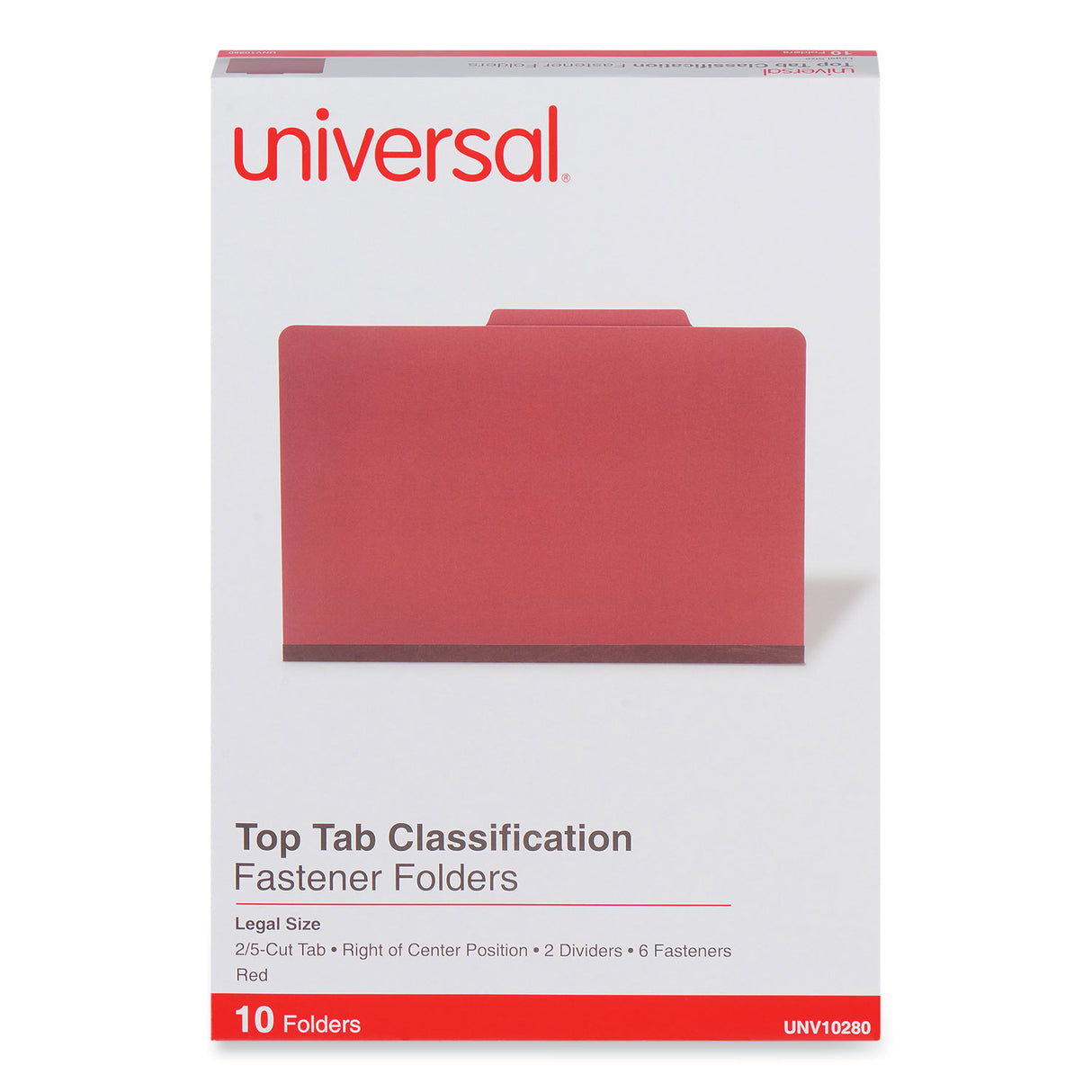 Universal Six-Section Pressboard Classification Folders, 2" Expansion, 2 Dividers, 6 Fasteners, Legal Size, Red Exterior, 10/Box (UNV10280)