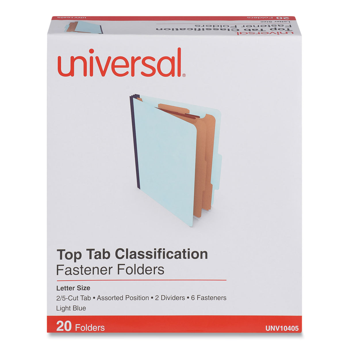 Universal Six-Section Pressboard Classification Folders, 2.5" Expansion, 2 Dividers, 6 Fasteners, Letter Size, Light Blue, 20/Box (UNV10405)