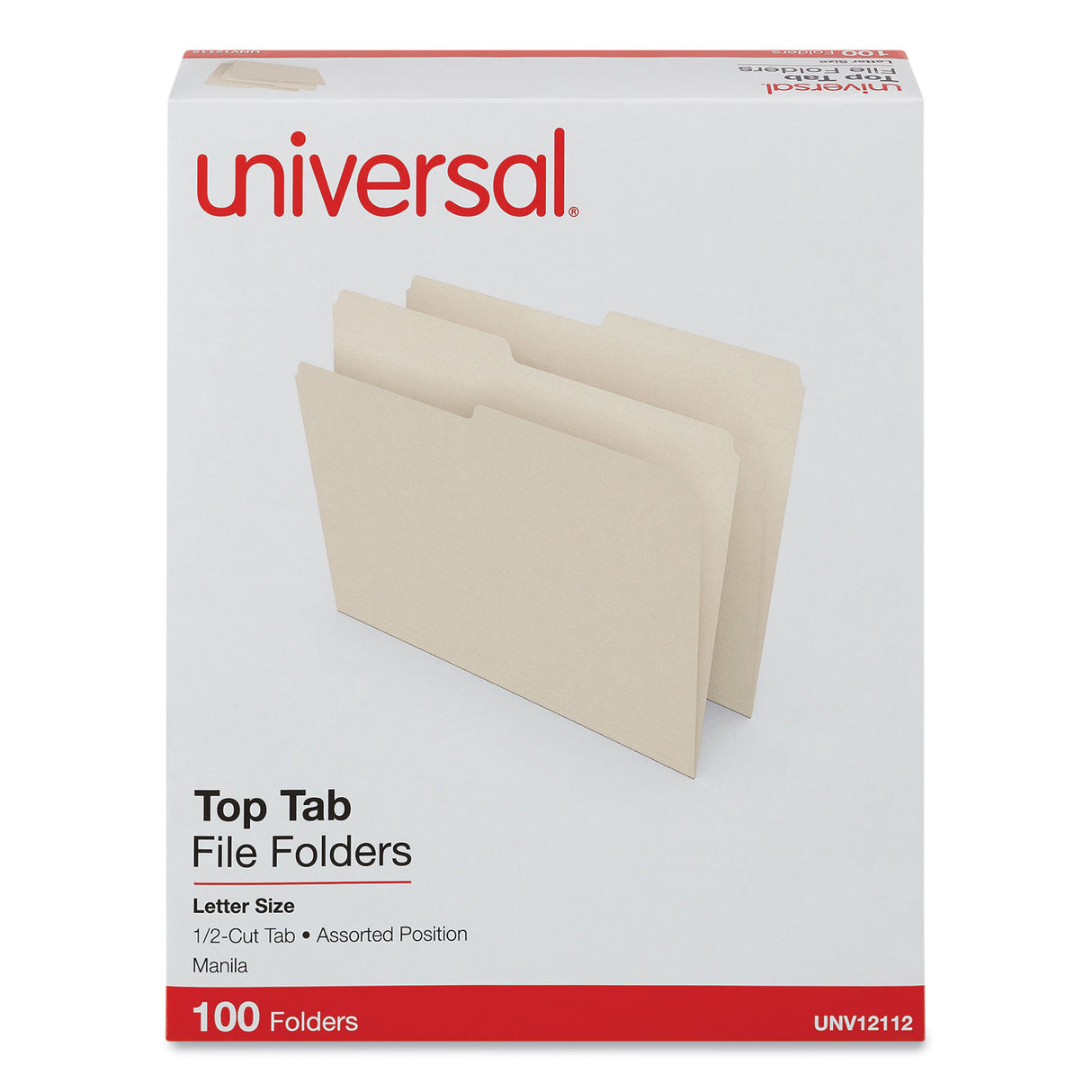 Universal Top Tab File Folders, 1/2-Cut Tabs: Assorted, Letter Size, 0.75" Expansion, Manila, 100/Box (UNV12112)