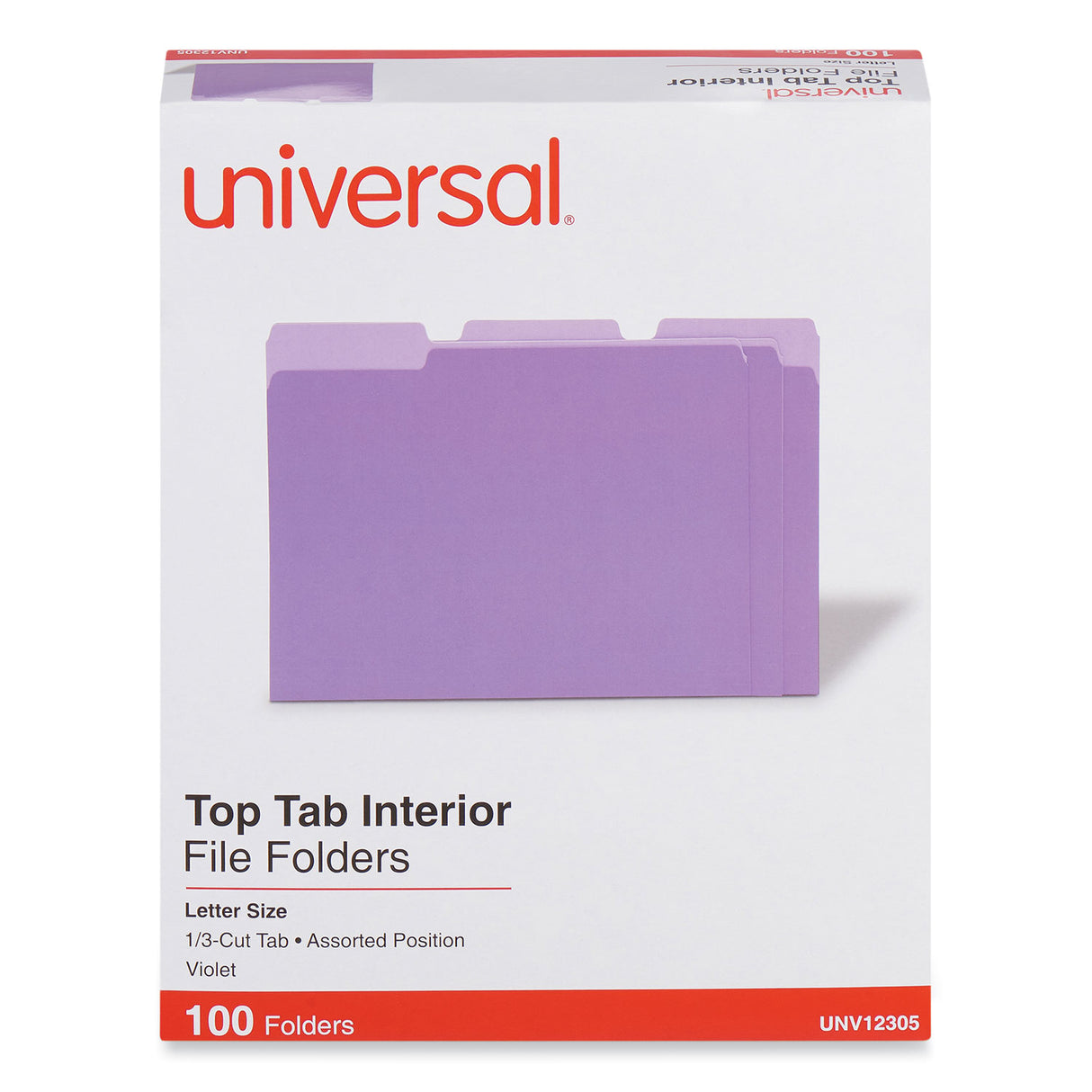 Universal Interior File Folders, 1/3-Cut Tabs: Assorted, Letter Size, 11-pt Stock, Violet, 100/Box (UNV12305)
