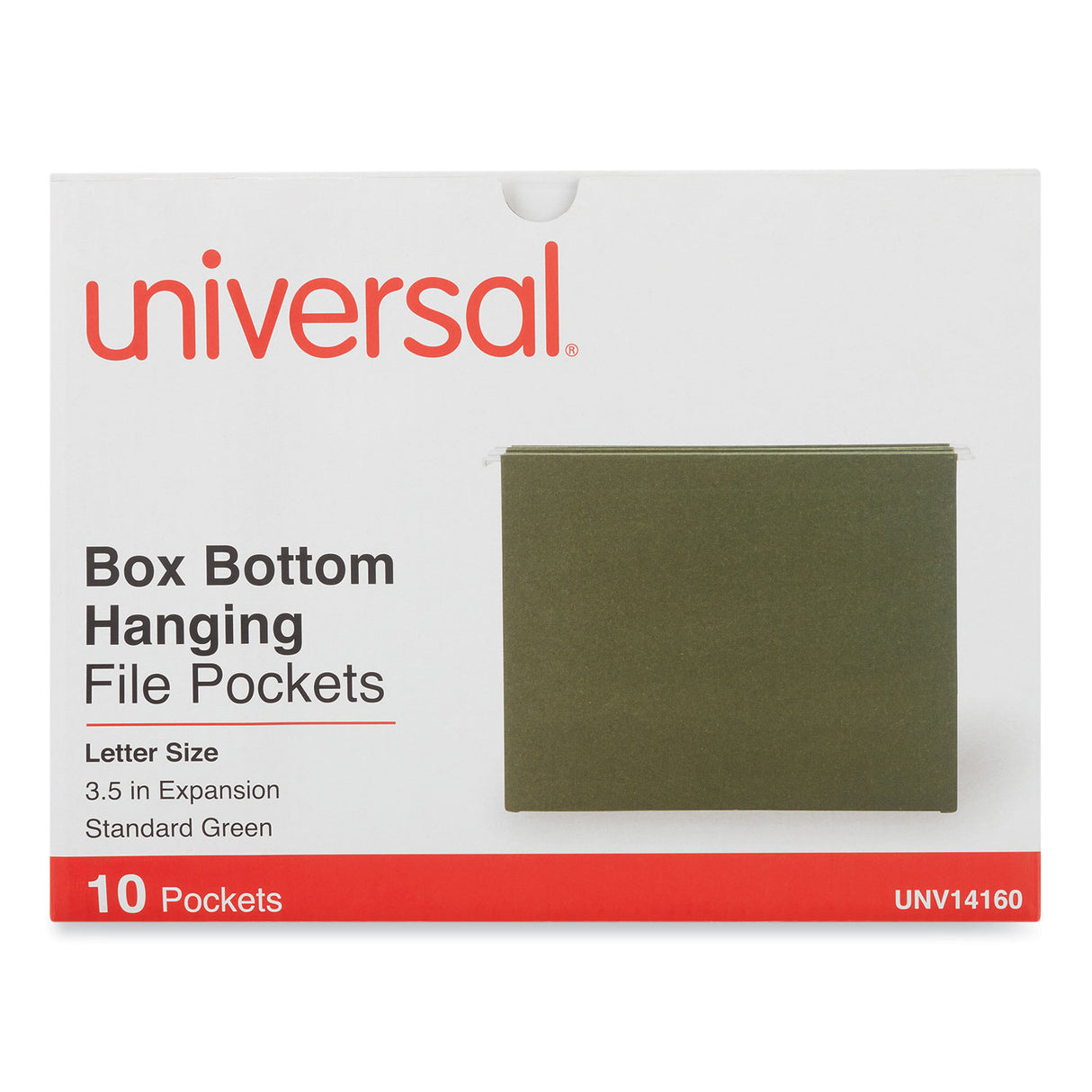 Universal Hanging Box Bottom File Pockets, 1 Section, 3.5" Capacity, Letter Size, Standard Green, 10/Box (UNV14160)