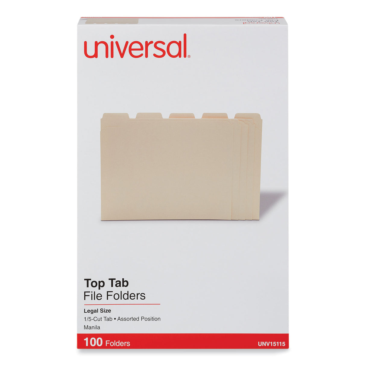 Universal Top Tab File Folders, 1/5-Cut Tabs: Assorted, Legal Size, 0.75" Expansion, Manila, 100/Box (UNV15115)