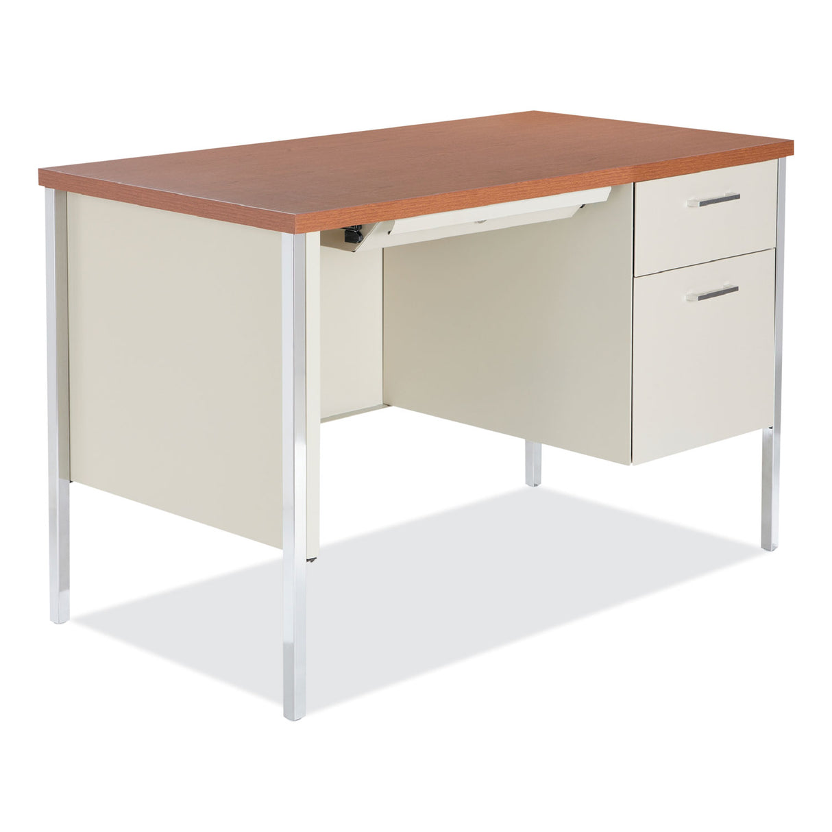 Alera Single Pedestal Steel Desk, 45.25" x 24" x 29.5", Cherry/Putty, Chrome-Plated Legs (ALESD4524PC)