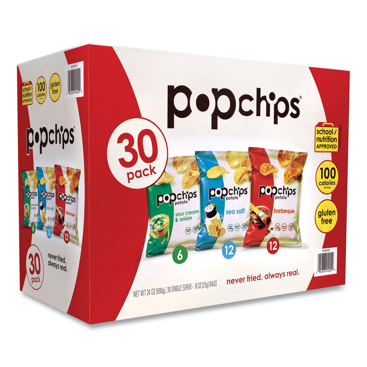 popchips Potato Chips, Variety Pack, Barbeque, Sea Salt, Sour Cream and Onion, 0.8 oz Bag, 30/Pack (22001998)