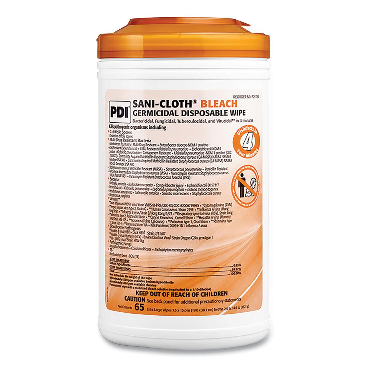 Sani-Cloth Bleach Germicidal Disposable Wipes, 1-Ply, 7.5 x 15, Unscented, White, 65/Pack (P25784)