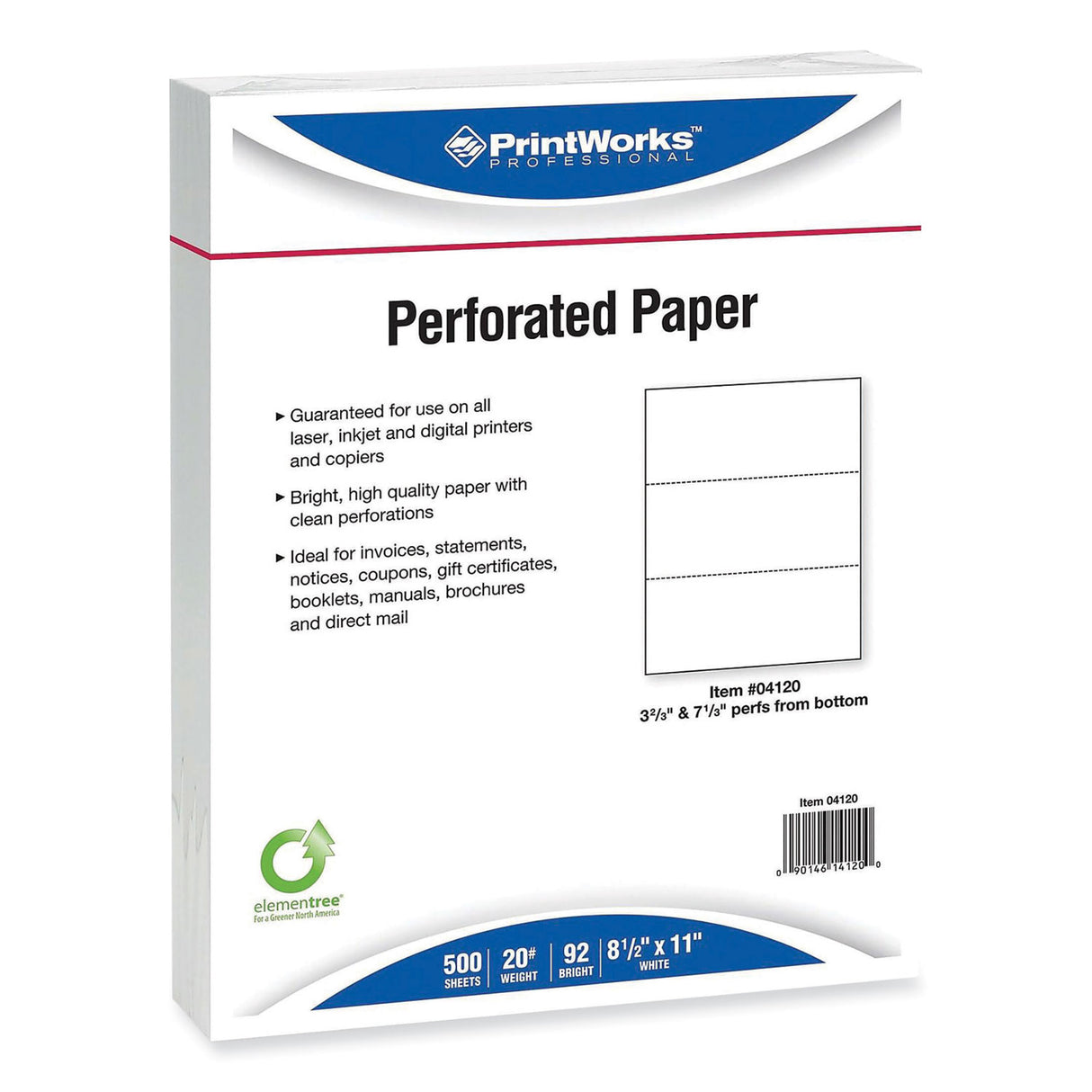 Printworks Professional Perforated and Punched Paper, 20 lb Bond Weight, 8.5 x 11, White, 500/Ream, 5 Reams/Carton (04120CT)
