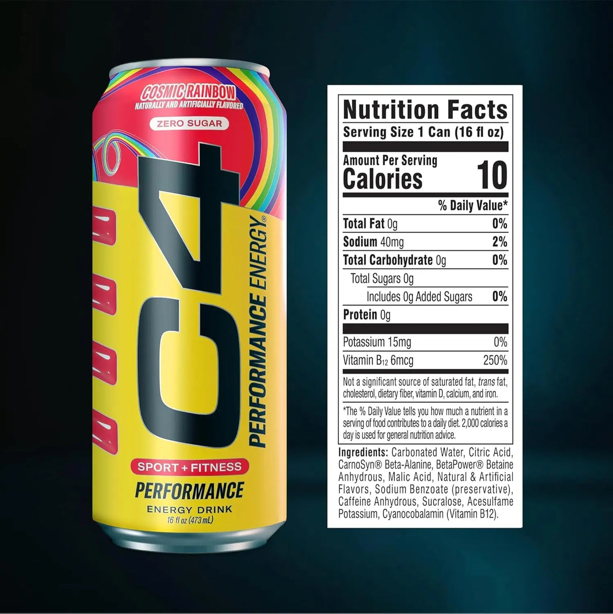 C4 Performance Energy Drink | Cosmic Rainbow | Zero Sugar Carbonated Preworkout Energy | 200Mg Caffeine with Beta Alanine | 16 Fl Oz (12 Pack), Packaging May Vary