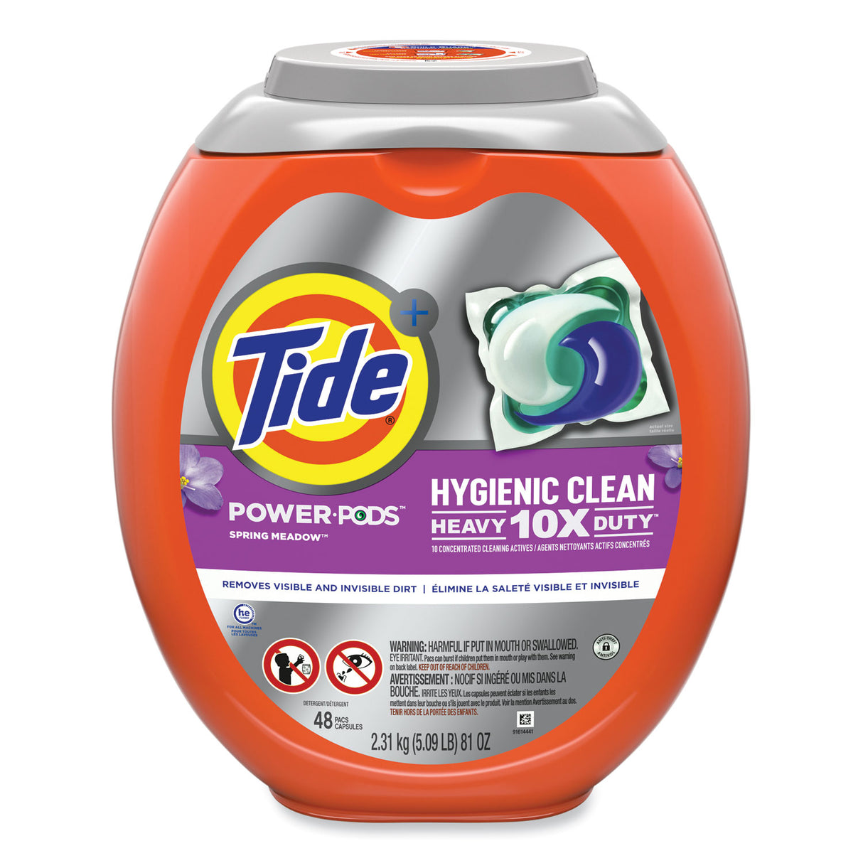 Tide Hygienic Clean Heavy 10x Duty Power Pods, Spring Meadow Scent, 81 oz Tub, 48 Pods/Tub, 4 Tubs/Carton (53437CT)