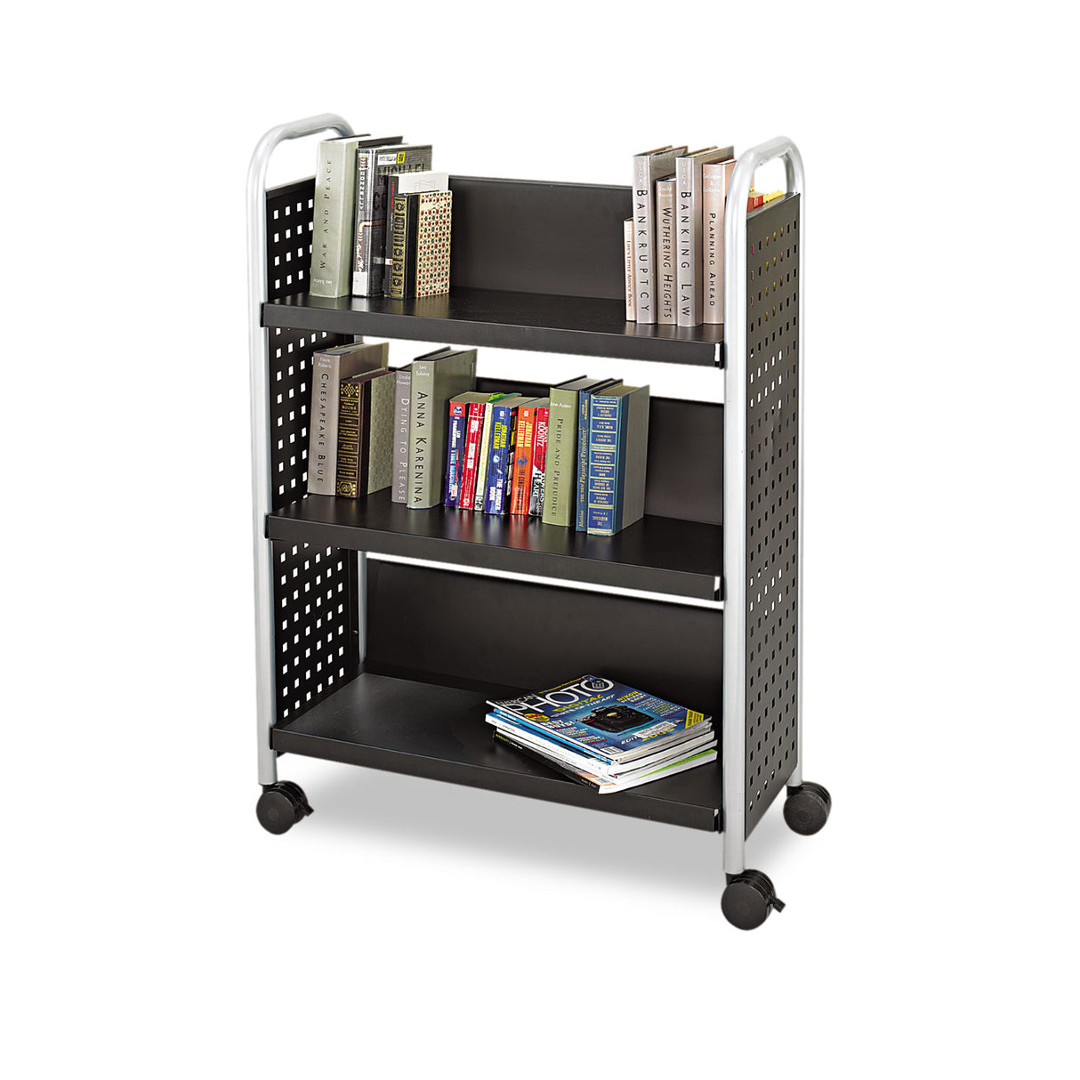 Safco Scoot Single-Sided Book Cart, Metal, 3 Shelves, 33" x 14.25" x 44.25", Black (5336BL)