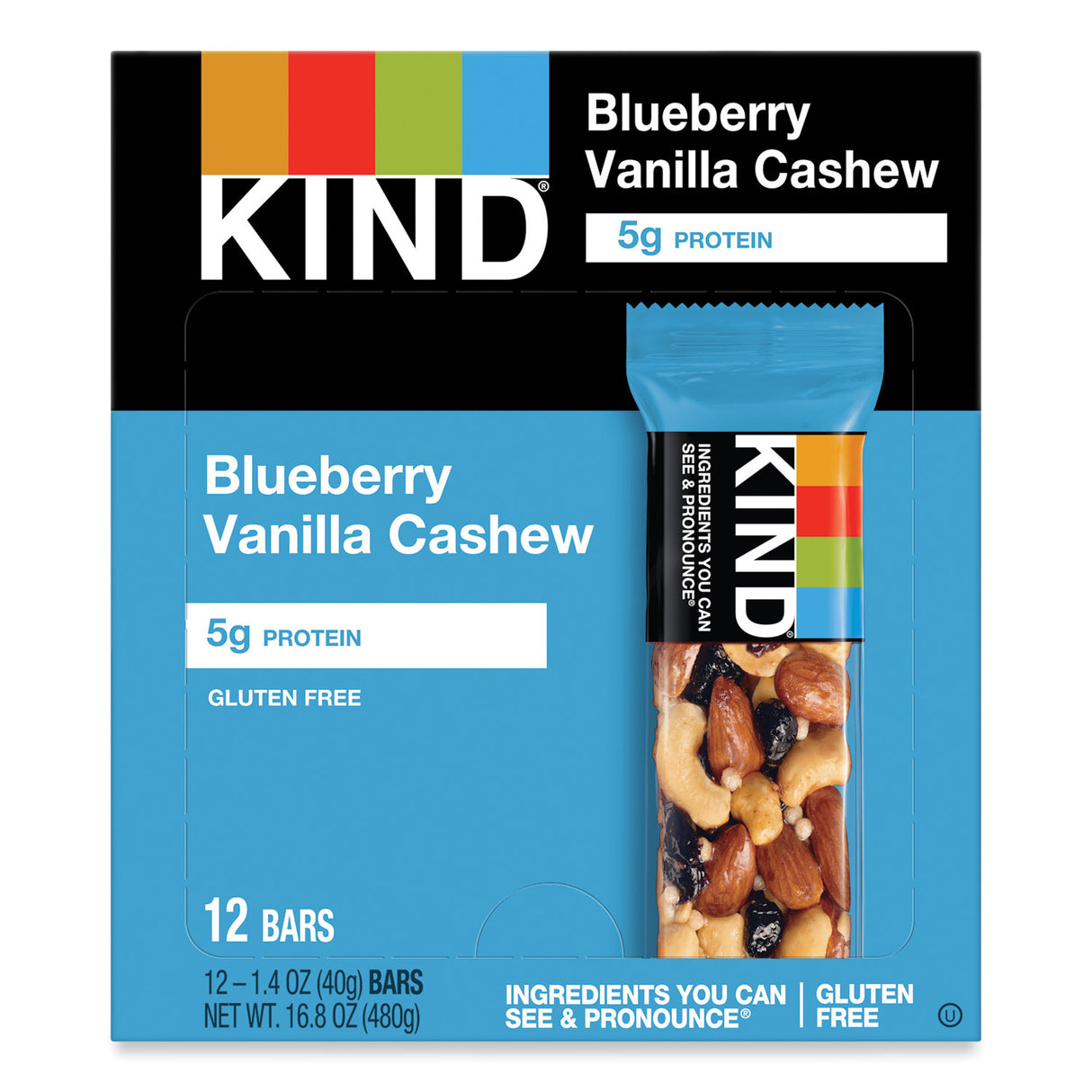 KIND Fruit and Nut Bars, Blueberry Vanilla and Cashew, 1.4 oz Bar, 12/Box (18039)