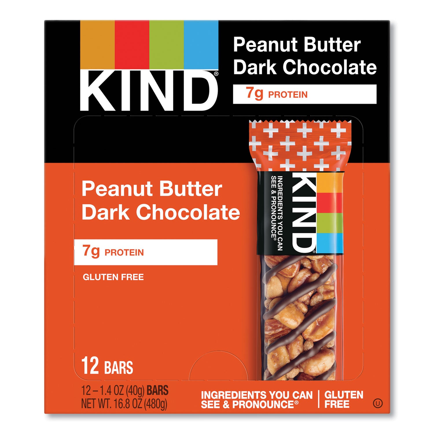 KIND Plus Nutrition Boost Bar, Peanut Butter Dark Chocolate/Protein, 1.4 oz, 12/Box (17256)