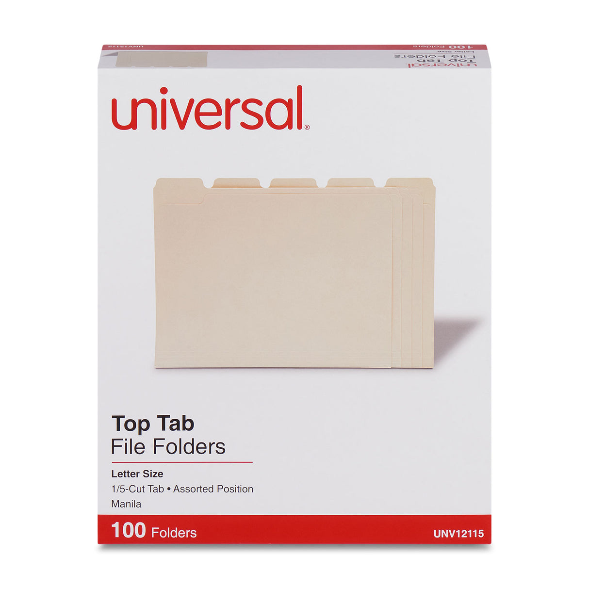 Universal Top Tab File Folders, 1/5-Cut Tabs: Assorted, Letter Size, 0.75" Expansion, Manila, 100/Box (UNV12115)