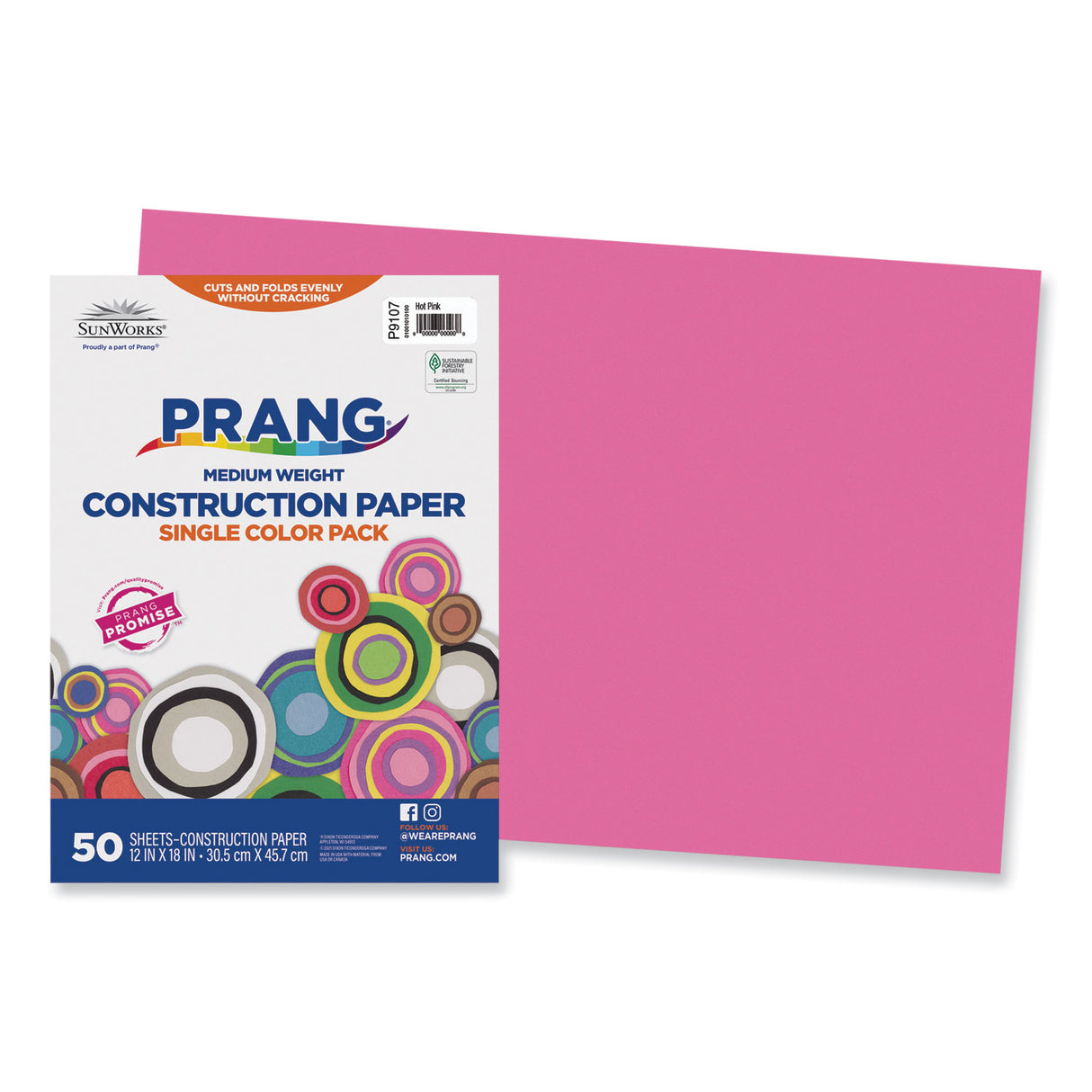 Prang SunWorks Construction Paper, 50 lb Text Weight, 12 x 18, Hot Pink, 50/Pack (9107)