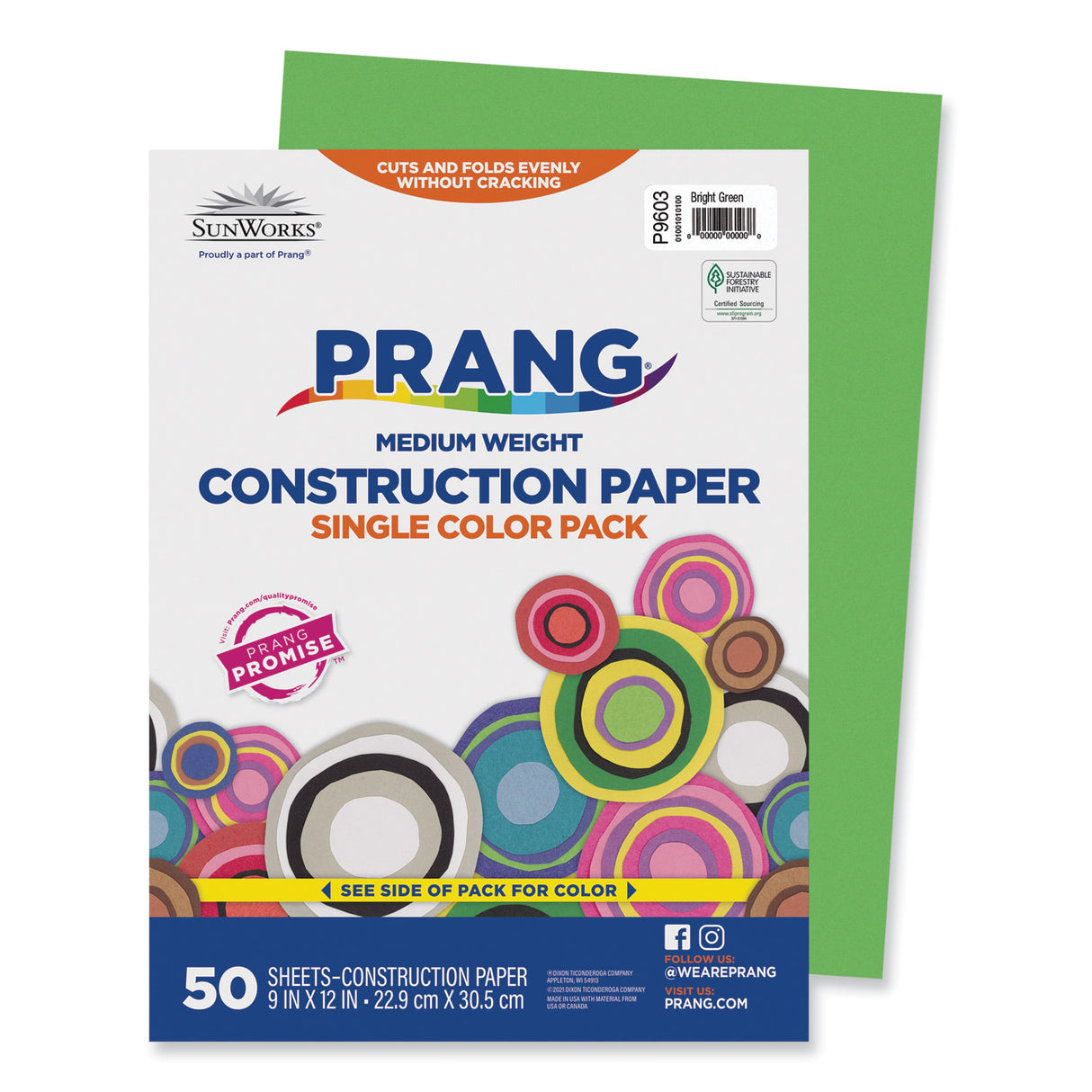 Prang SunWorks Construction Paper, 50 lb Text Weight, 9 x 12, Bright Green, 50/Pack (9603)