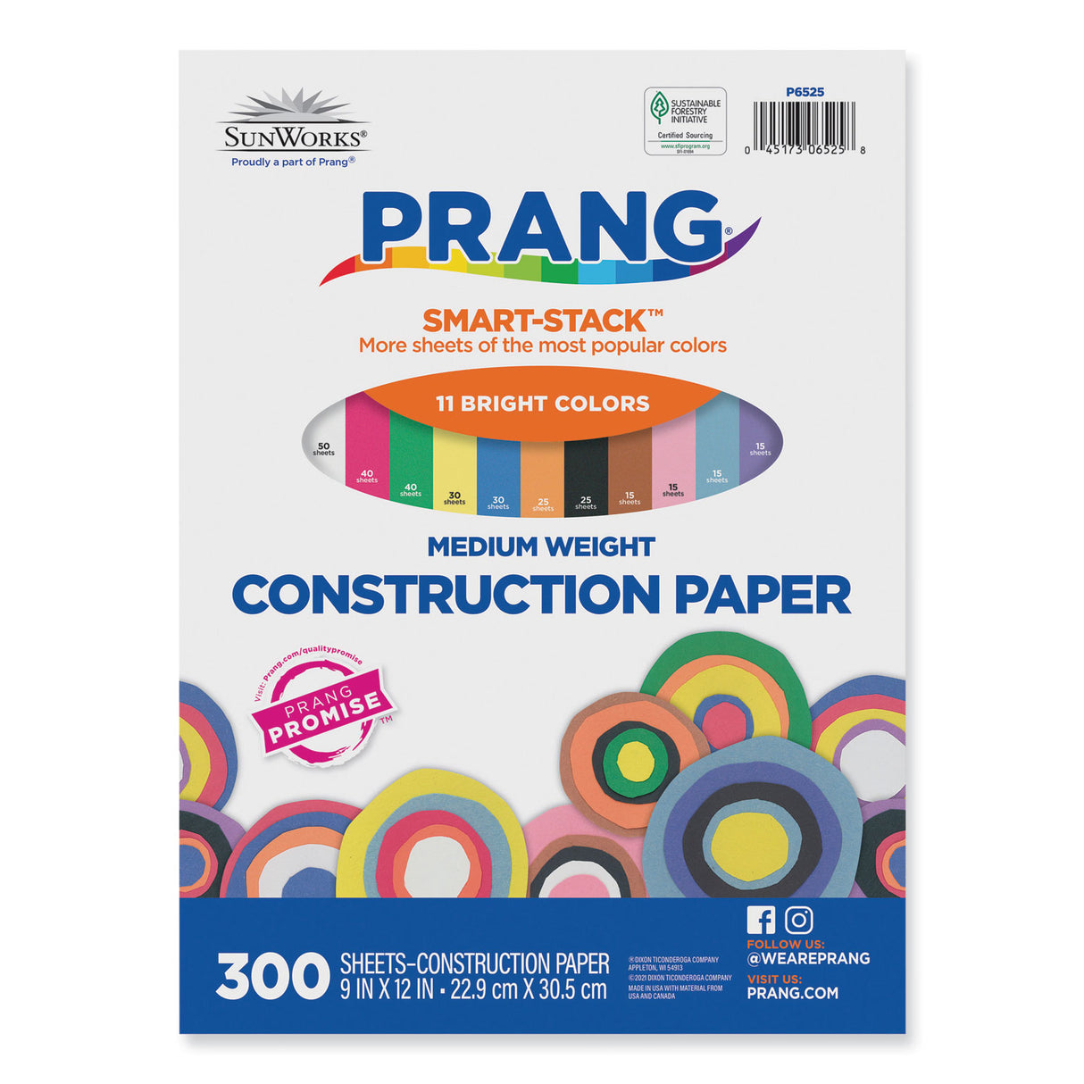 Prang SunWorks Construction Paper Smart-Stack, 50 lb Text Weight, 9 x 12, Assorted, 300/Pack (6525)