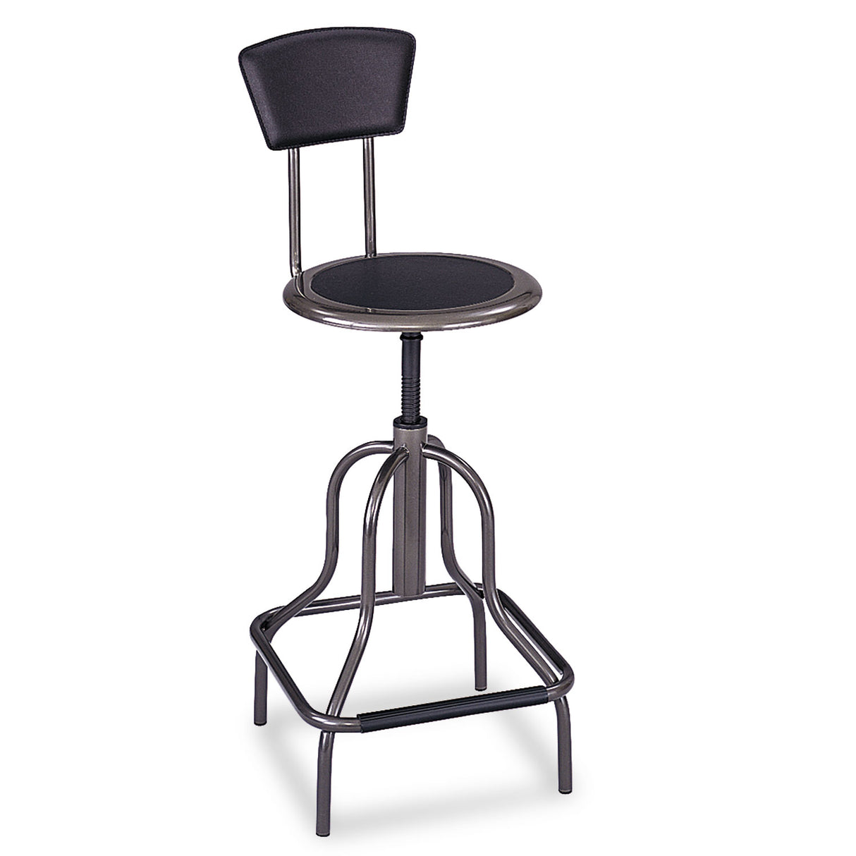 Safco Diesel Industrial Stool with Back, Supports Up to 250 lb, 22" to 27" Seat Height, Black Seat/Back, Pewter Base (6664)