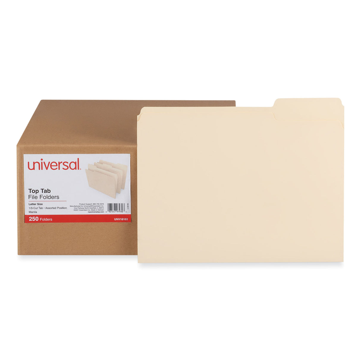 Universal Top Tab File Folders, 1/3-Cut Tabs: Assorted, Letter Size, 0.75" Expansion, Manila, 250/Box (UNV18103)