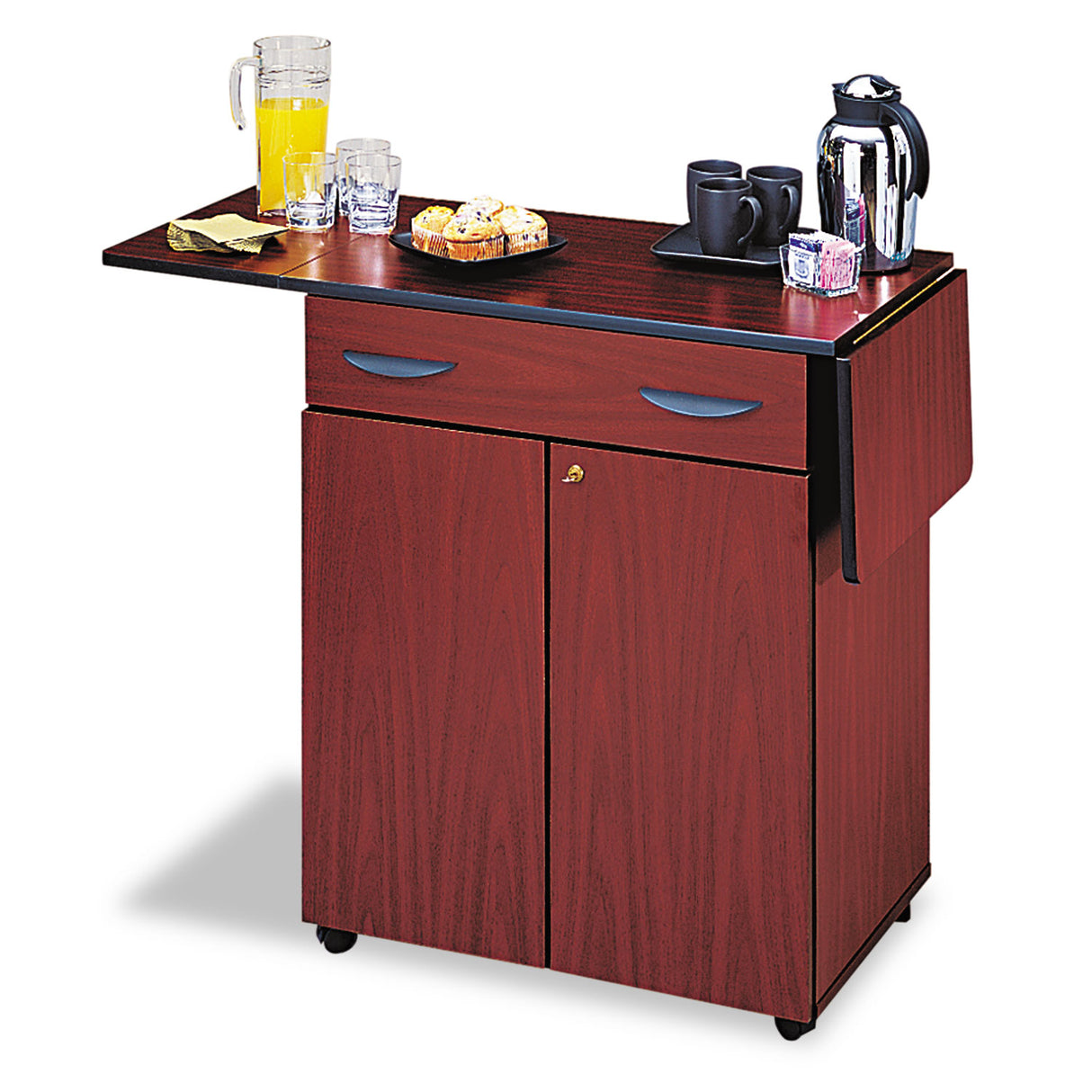 Safco Hospitality Cart with Drop Leaves, Engineered Wood, 3 Shelves, 1 Drawer, 32.5" to 56.25" x 20.5" x 38.75", Mahogany (8962MH)