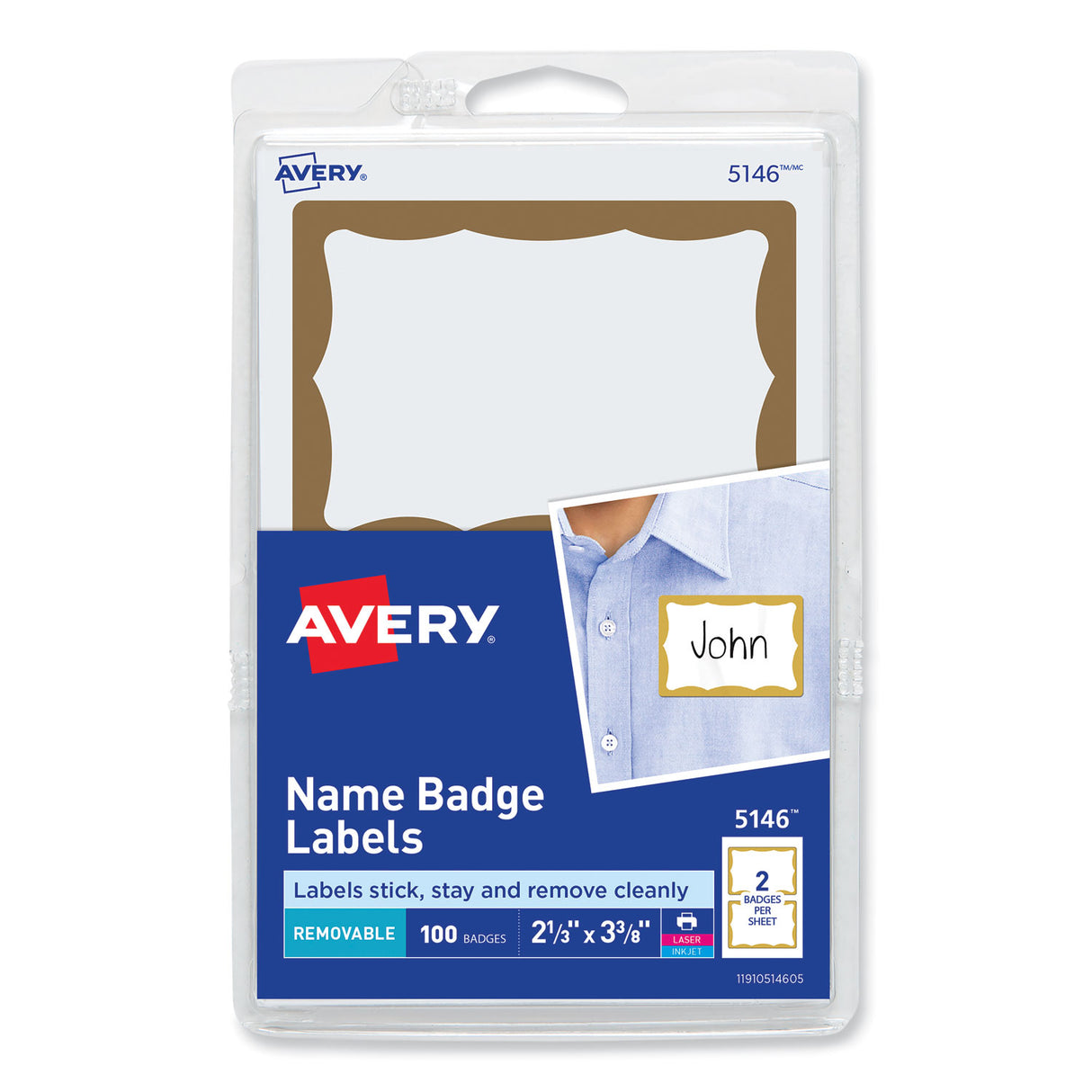 Avery Printable Adhesive Name Badges, 3.38 x 2.33, Gold Border, 100/Pack (5146)