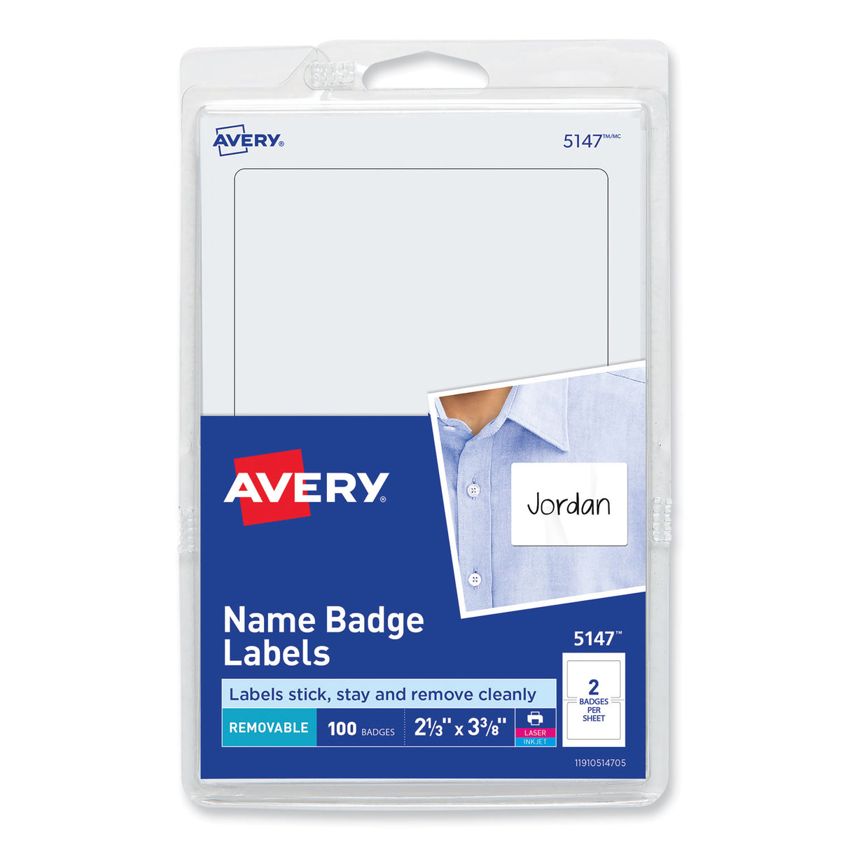 Avery Printable Adhesive Name Badges, 3.38 x 2.33, White, 100/Pack (5147)