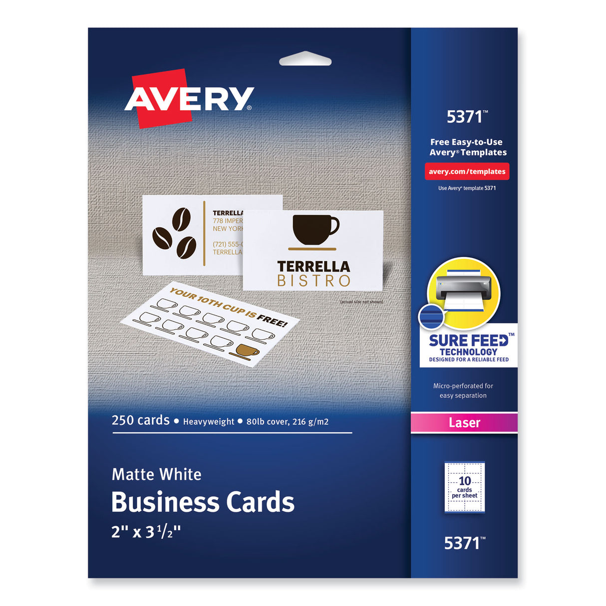 Avery Printable Microperforated Business Cards w/Sure Feed Technology, Laser, 2 x 3.5, White, 250 Cards, 10/Sheet, 25 Sheets/Pack (5371)