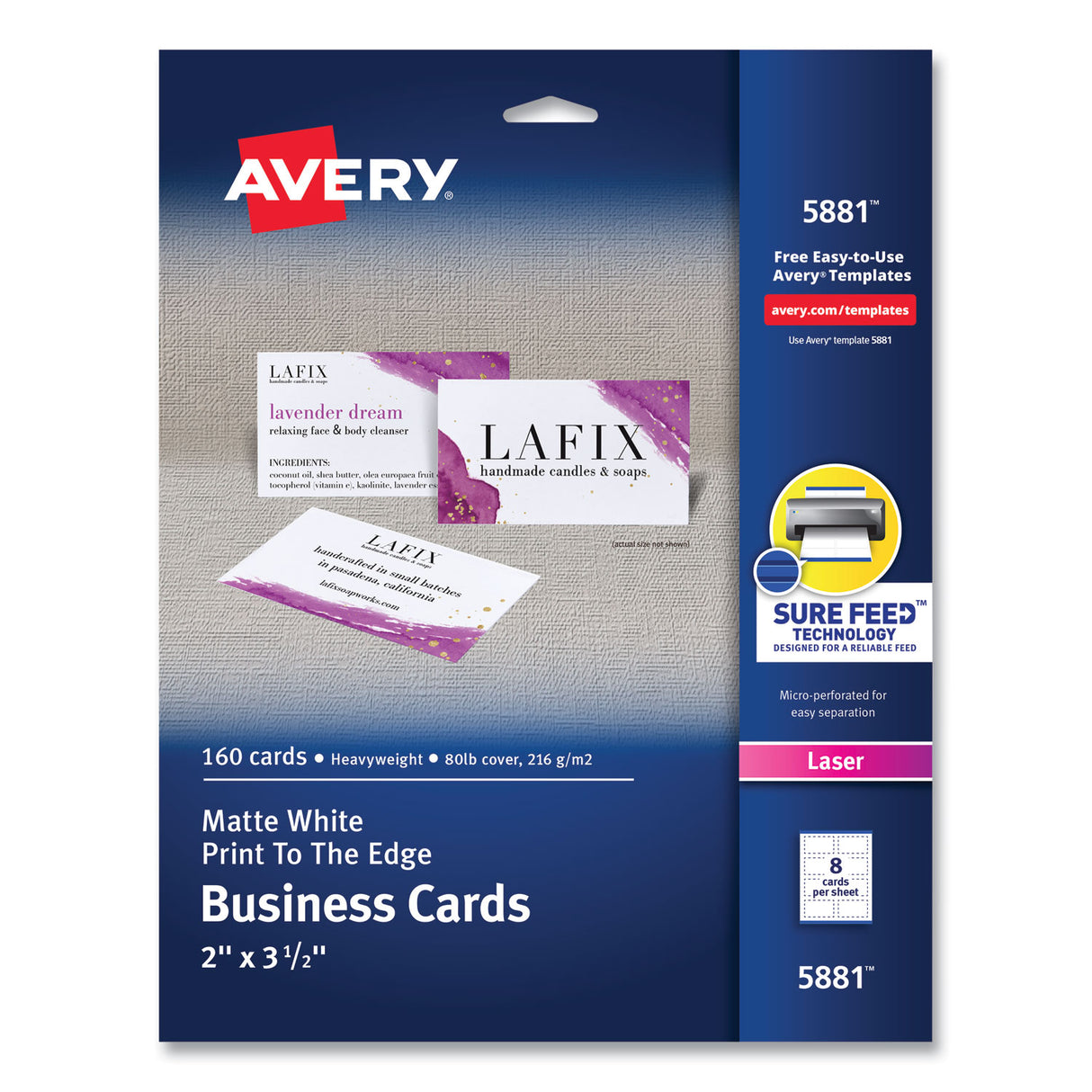 Avery Print-to-the-Edge Microperf Business Cards w/Sure Feed Technology, Color Laser, 2x3.5, White, 160 Cards, 8/Sheet,20 Sheets/PK (5881)