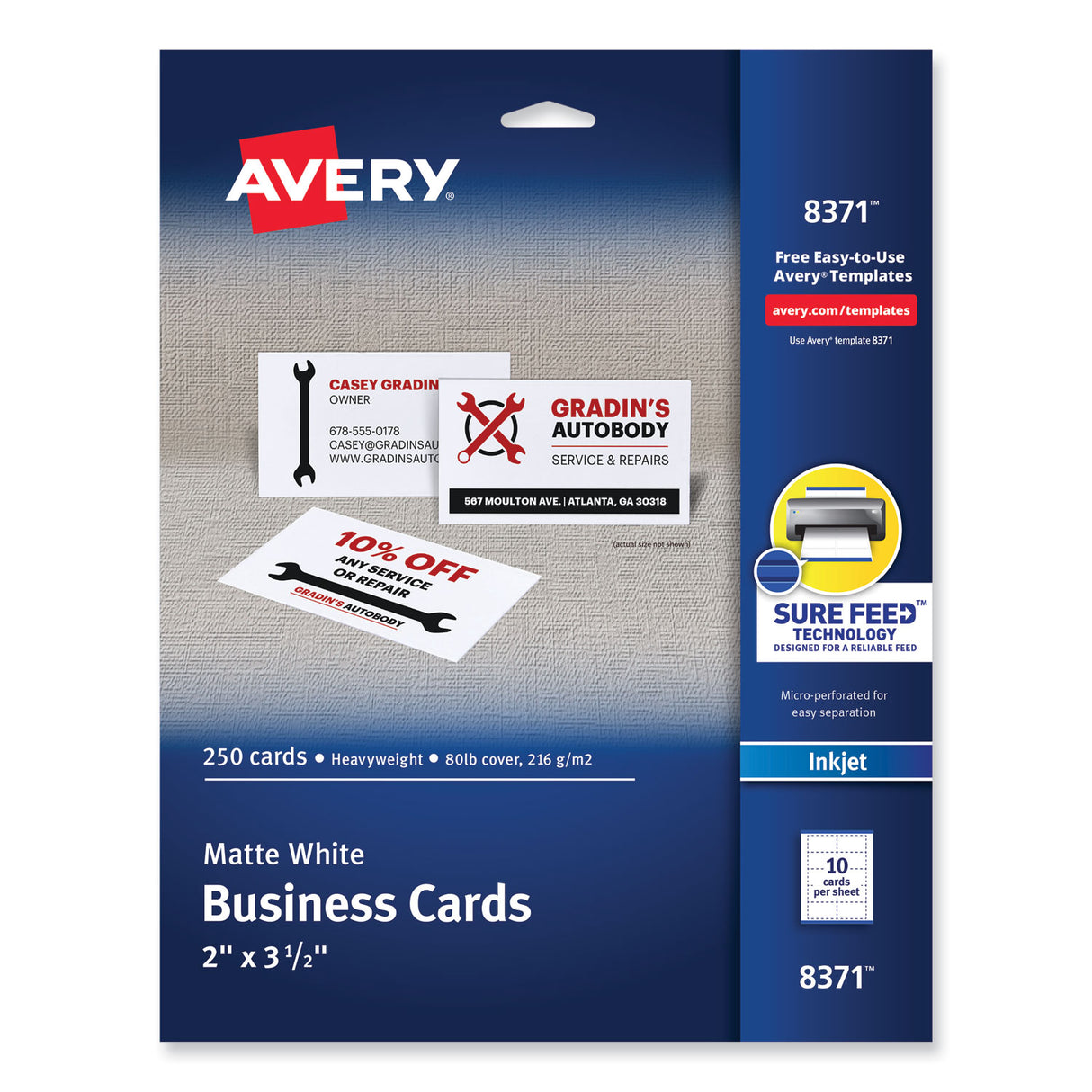 Avery Printable Microperforated Business Cards w/Sure Feed Technology, Inkjet, 2 x 3.5, White, 250 Cards, 10/Sheet, 25 Sheets/Pack (8371)