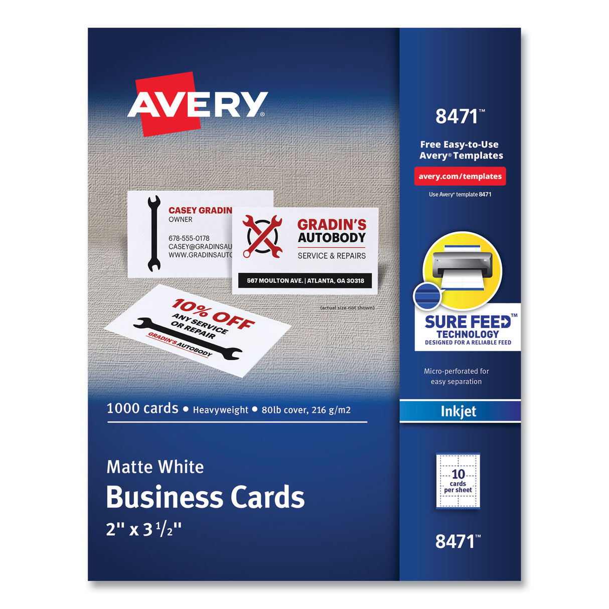 Avery Printable Microperforated Business Cards w/Sure Feed Technology, Inkjet, 2 x 3.5, White, 1,000 Cards, 10/Sheet, 100 Sheets/Bx (8471)