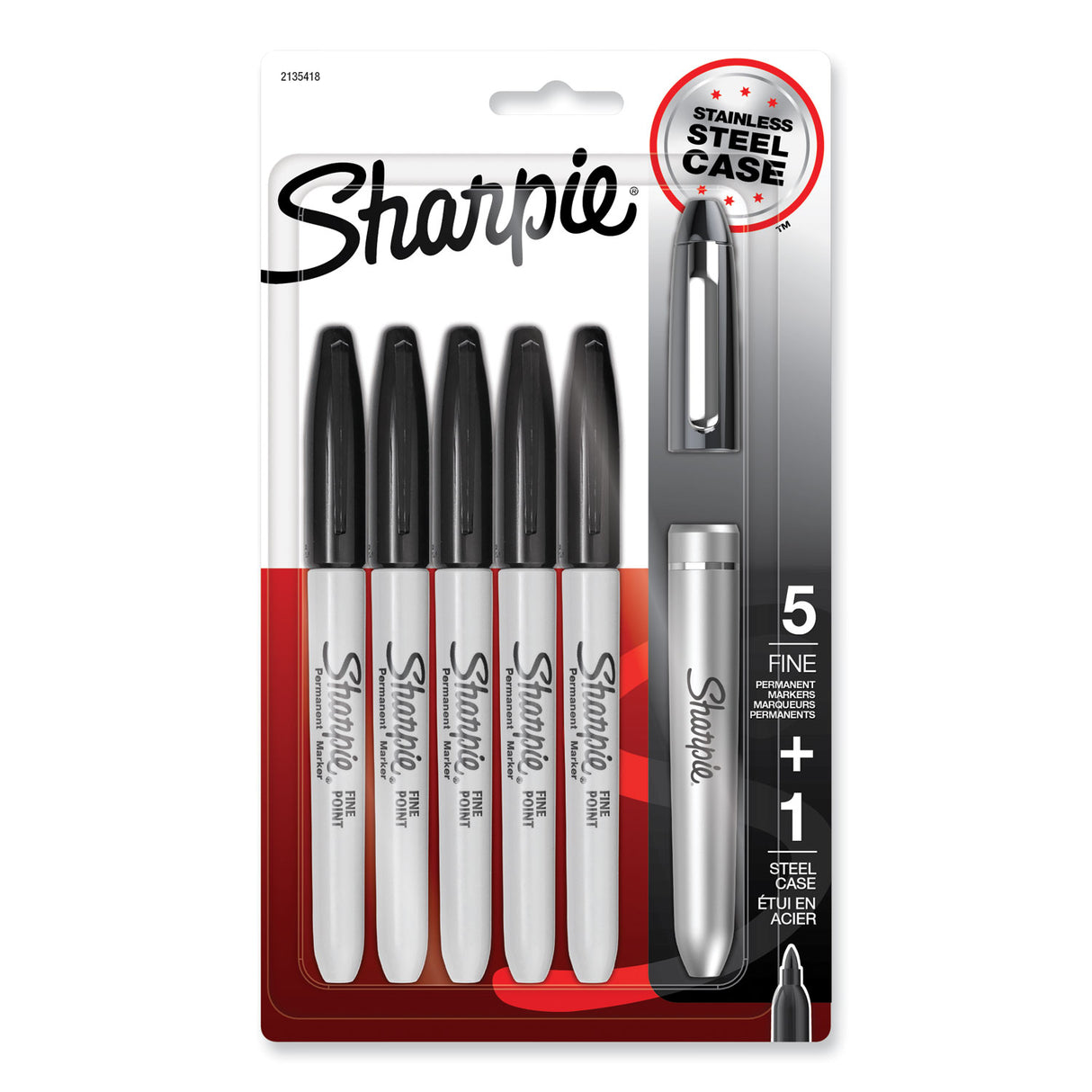 Sharpie Fine Tip Permanent Marker, Stainless Steel Single Marker Case, Fine Bullet Tip, Black, 5/Pack (2135418)