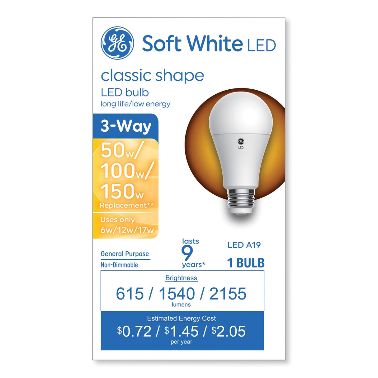 GE Classic LED SW Non-Dim A19 3-Way Light Bulb, 6 W; 12 W; 17 W, Soft White (93130566)