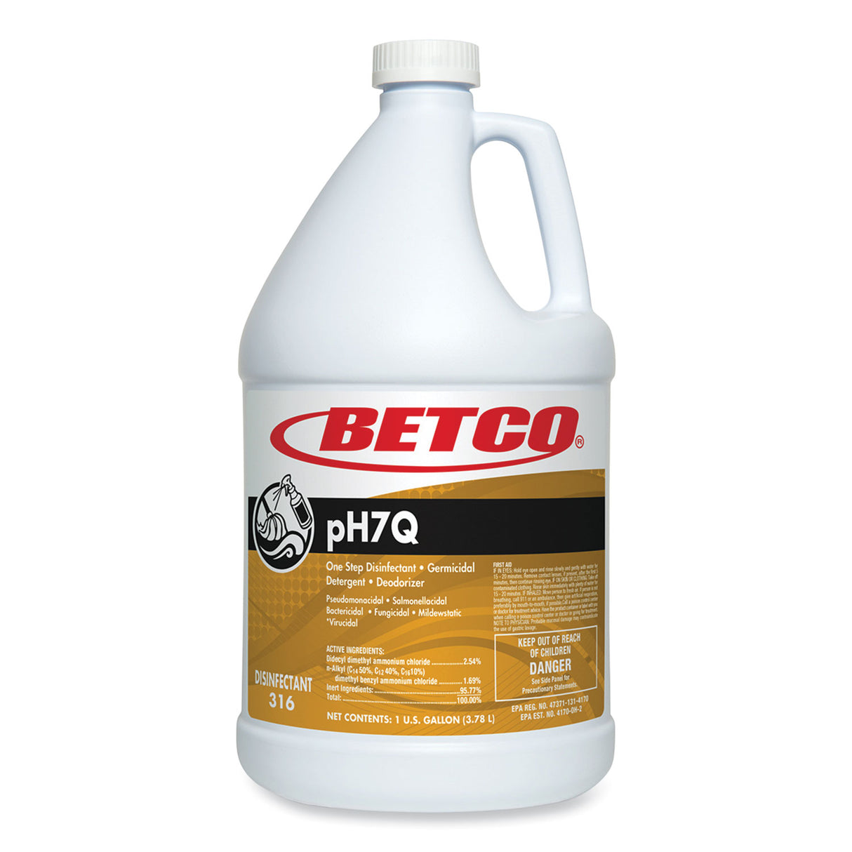 Betco pH7Q Dual Neutral Disinfectant Cleaner, Lemon Scent, 1 gal Bottle, 4/Carton (3160400)
