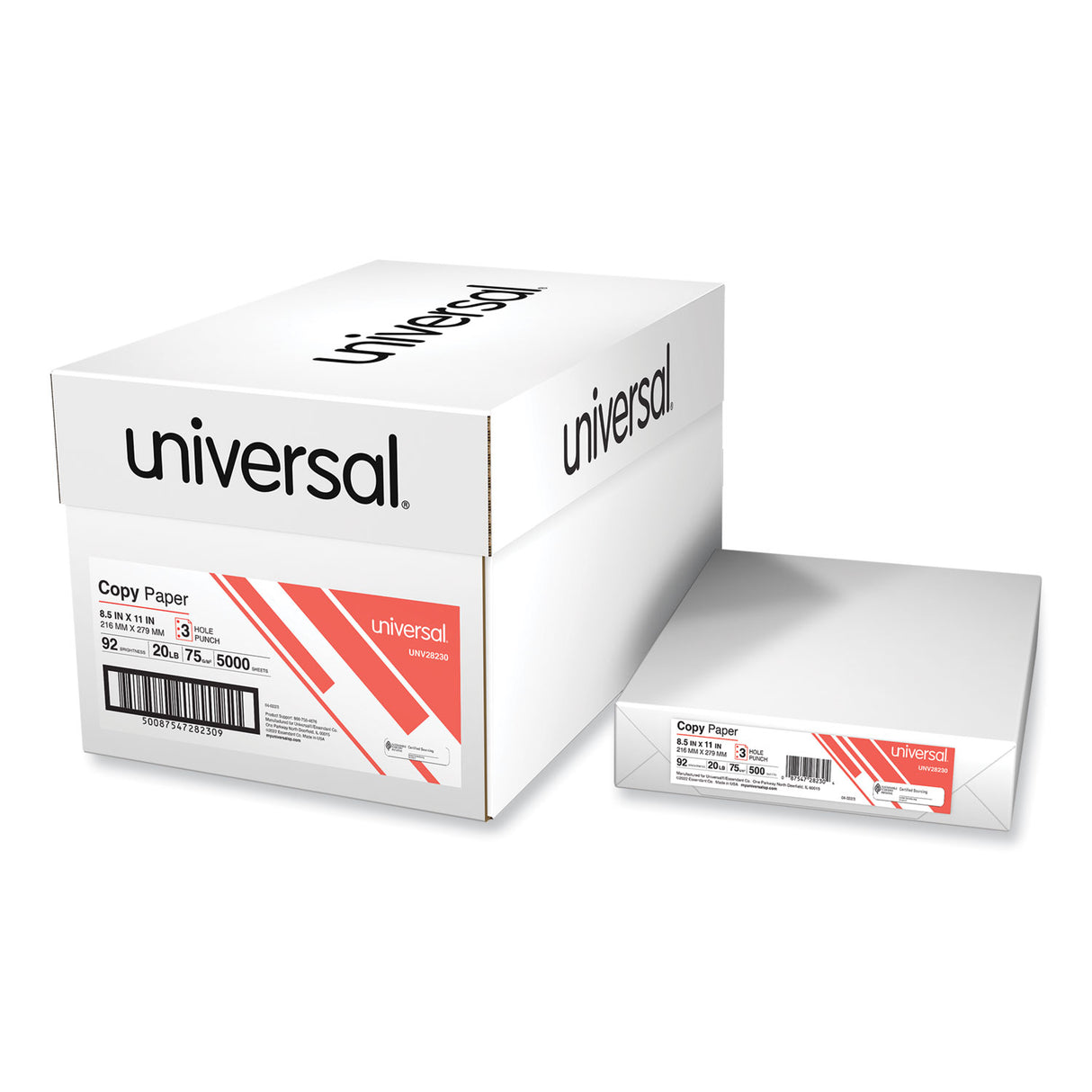 Universal Copy Paper, 92 Bright, 3-Hole, 20 lb Bond Weight, 8.5 x 11, White, 500 Sheets/Ream, 10 Reams/Carton (UNV28230)