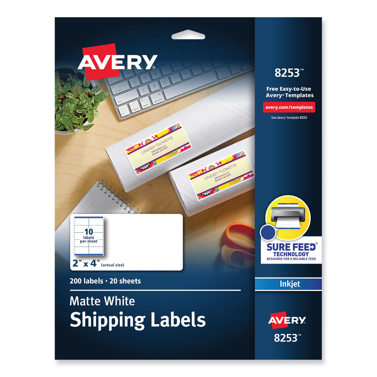 Avery Vibrant Inkjet Color-Print Labels w/ Sure Feed, 2 x 4, Matte White, 200/PK (8253)