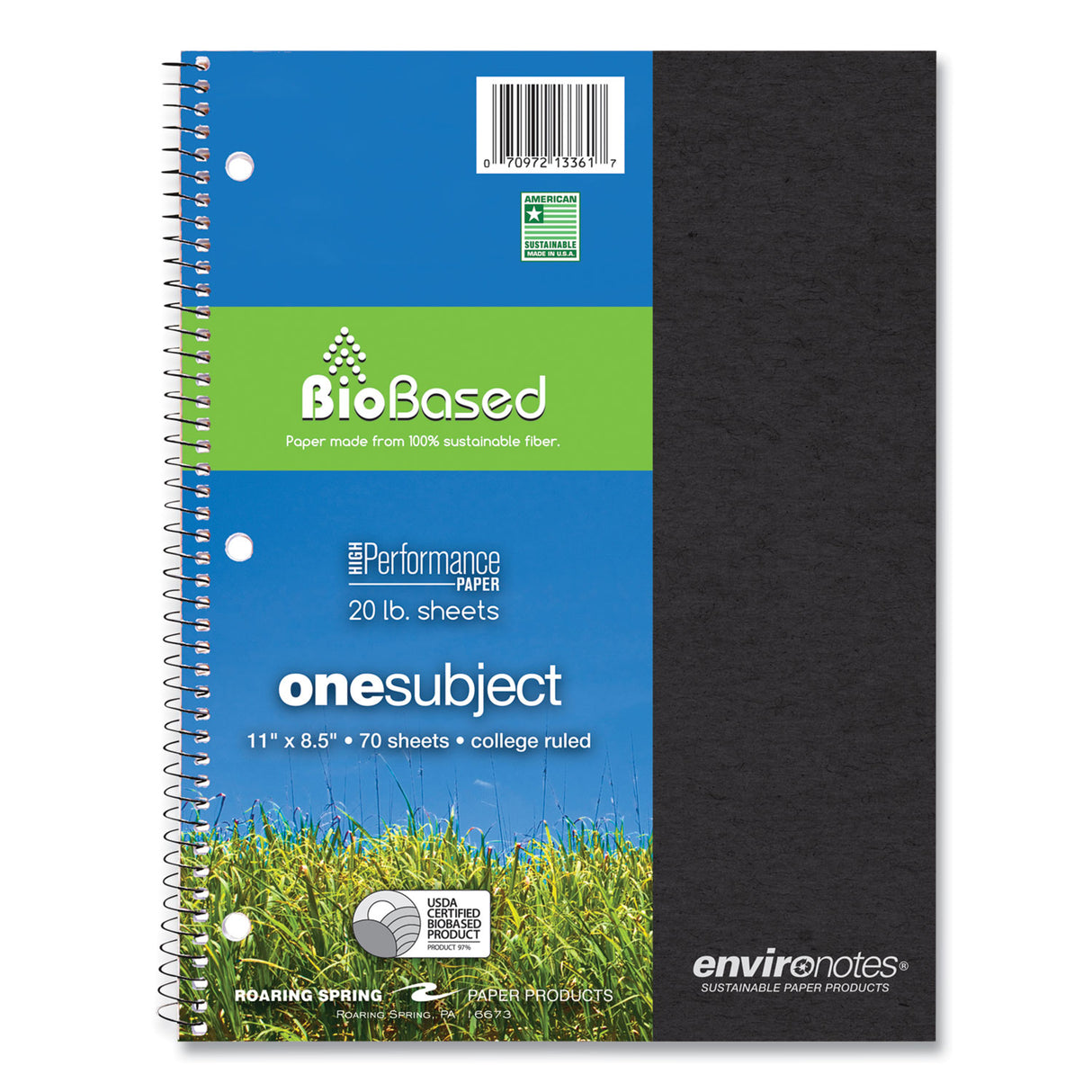 Roaring Spring Environotes BioBased Notebook, 1-Subject, Medium/College Rule, Randomly Assorted Earthtone Cover, (70) 11 x 8.5 Sheets (13361)
