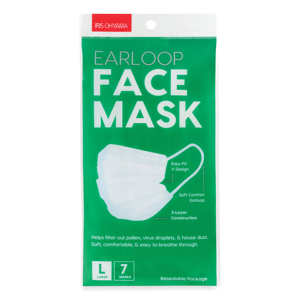 Iris Earloop Disposable Face Mask, 3-Ply Non-Woven, Large, 7/Pack (590040)