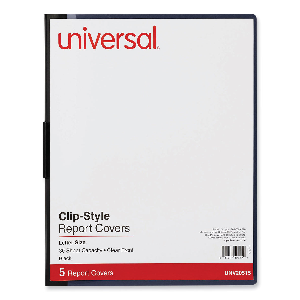 Universal Clip-Style Report Cover, Clip Fastener, 8.5 x 11, Clear/Black, 5/Pack (UNV20515)