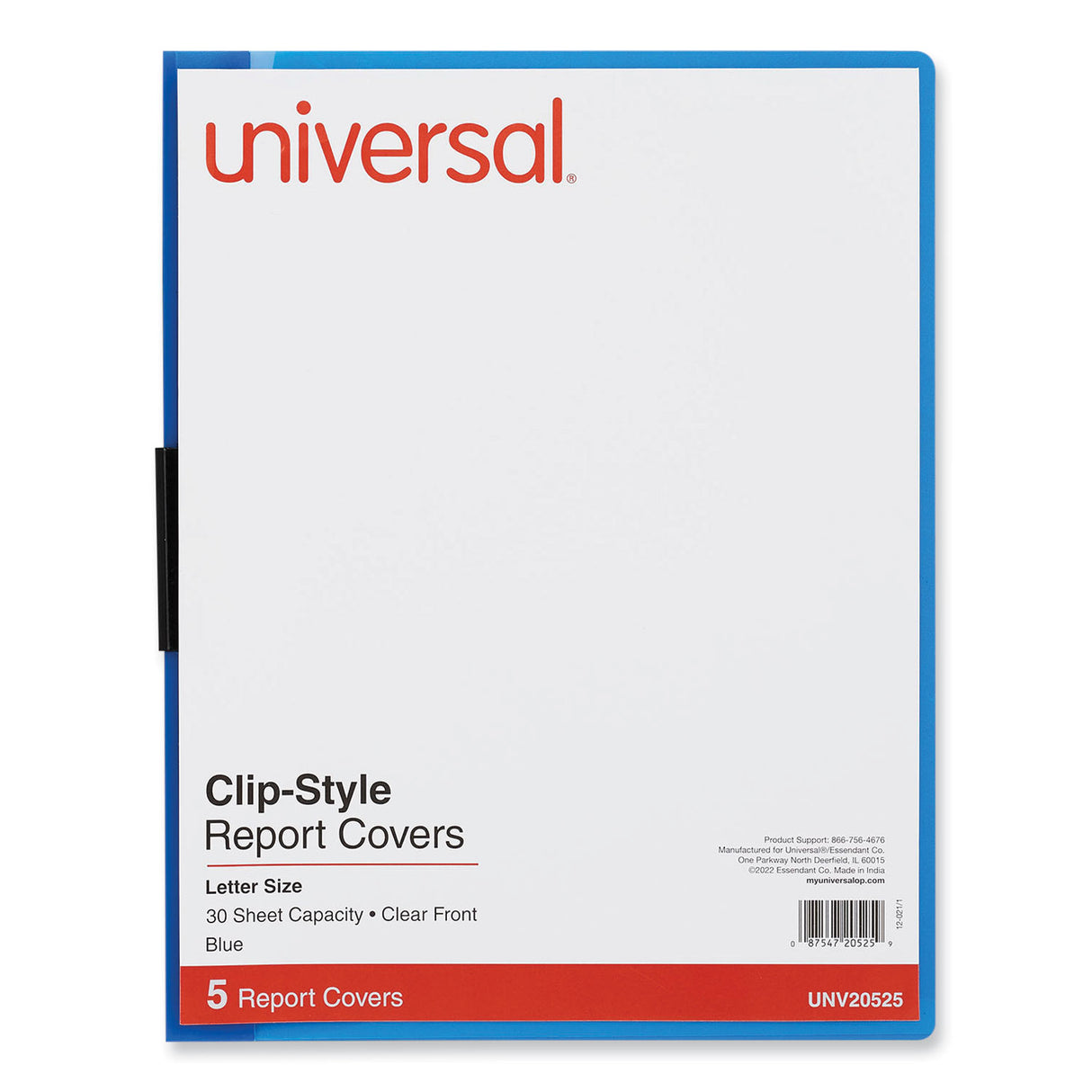 Universal Clip-Style Report Cover, Clip Fastener, 8.5 x 11, Clear/Blue, 5/Pack (UNV20525)