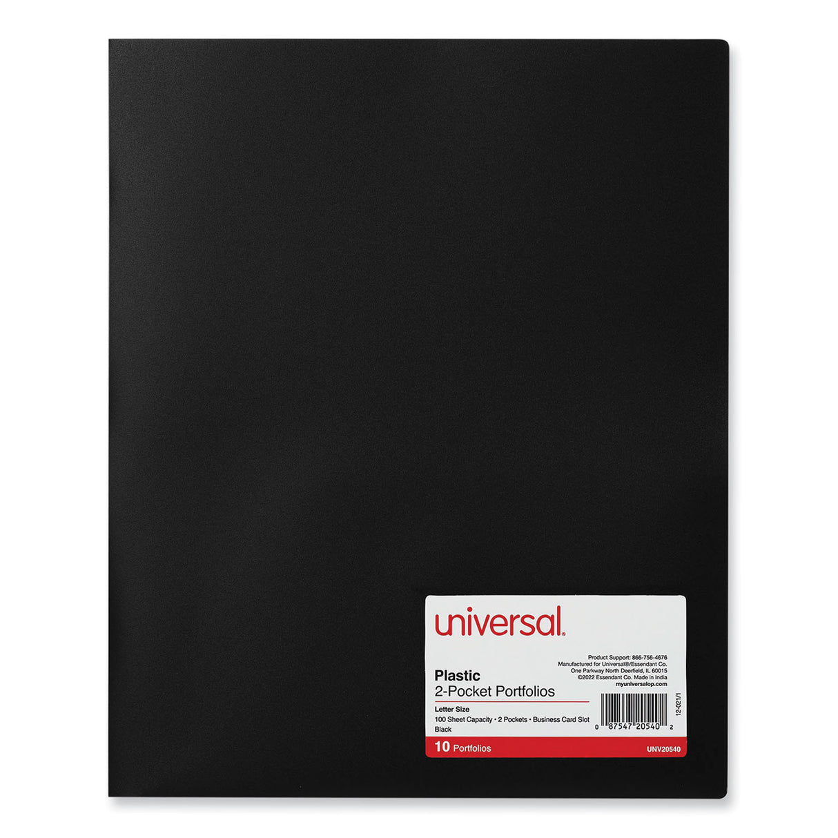 Universal Two-Pocket Plastic Folders, 100-Sheet Capacity, 11 x 8.5, Black, 10/Pack (UNV20540)