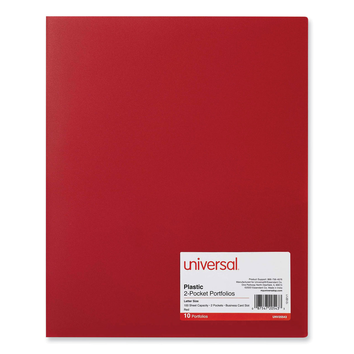 Universal Two-Pocket Plastic Folders, 100-Sheet Capacity, 11 x 8.5, Red, 10/Pack (UNV20543)