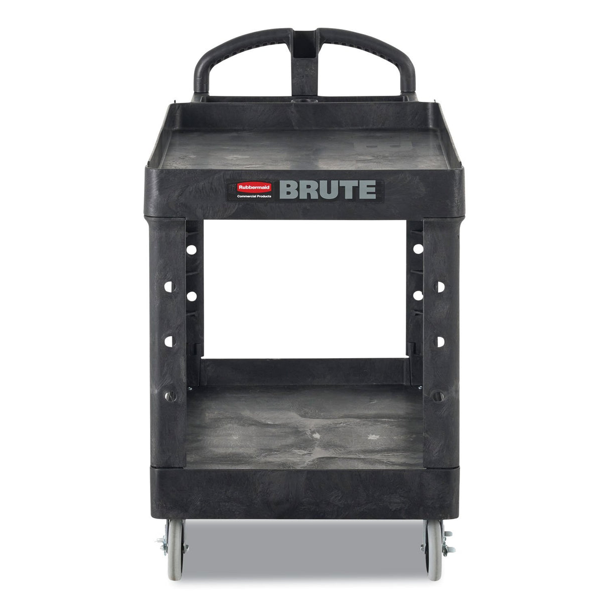 Rubbermaid Commercial BRUTE Heavy-Duty Utility Cart with Lipped Shelves, Plastic, 2 Shelves, 500 lb Capacity, 17.13" x 38.5" x 38.88", Black (450088BK)