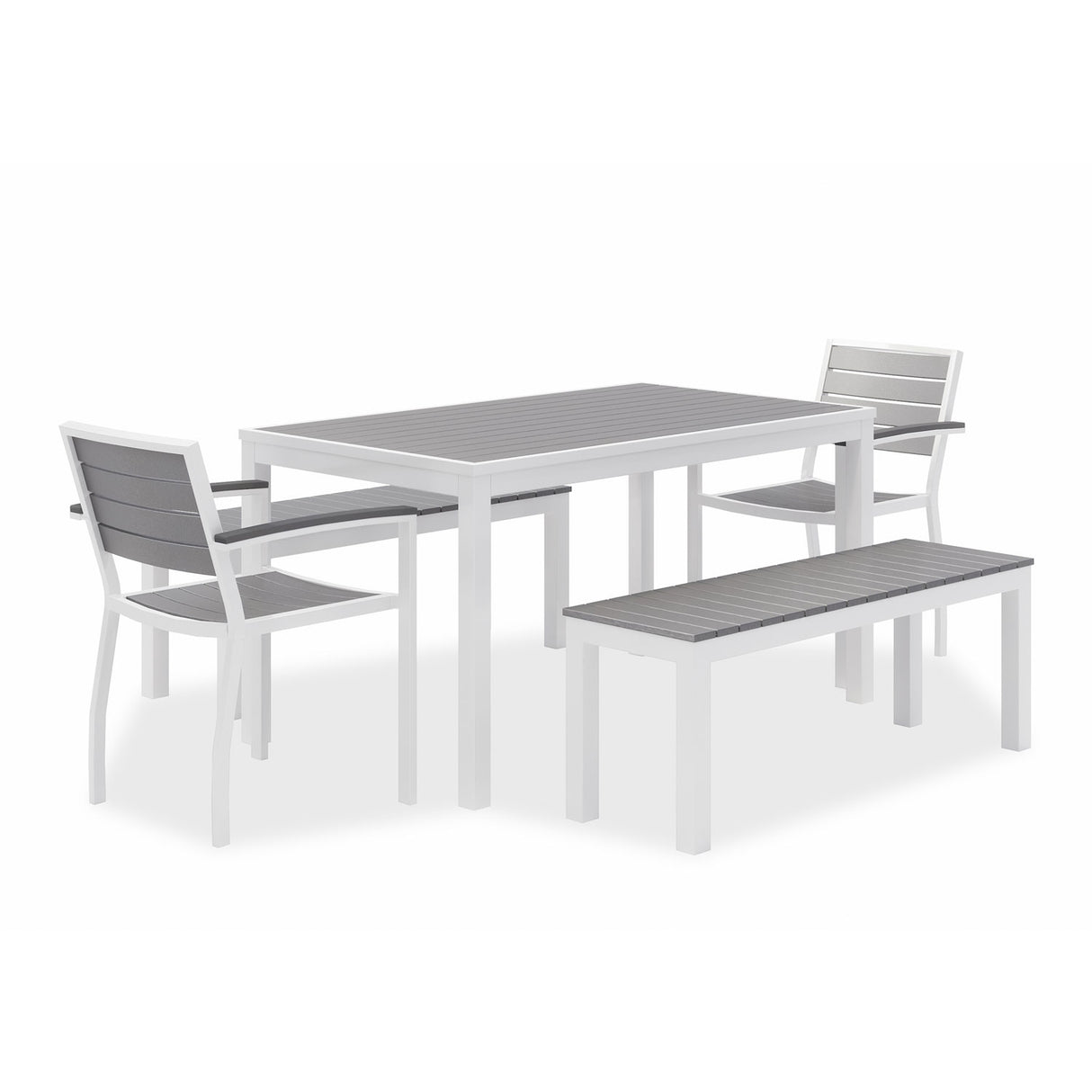 KFI Studios Eveleen Outdoor Dining Table Set, 55" x 35" x 29" Rectangular Table, 2 Benches, 2 Armchairs, Gray/White (840031918437)