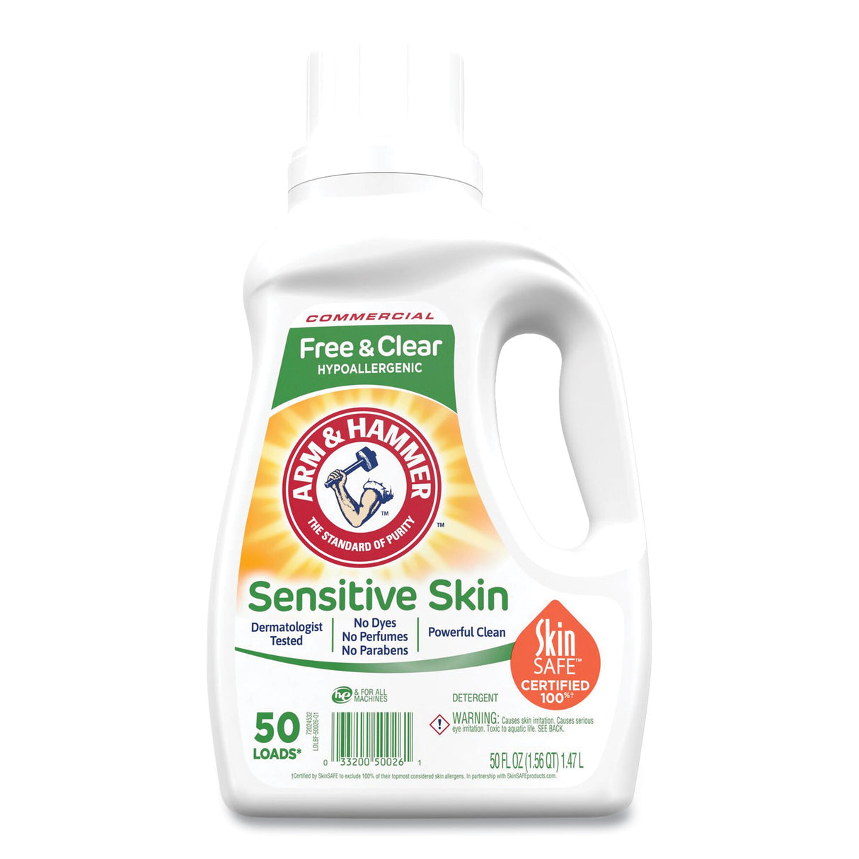 Arm & Hammer HE Compatible Liquid Detergent, Unscented, 50 Loads, 50 oz Bottle, 8/Carton (3320050026)