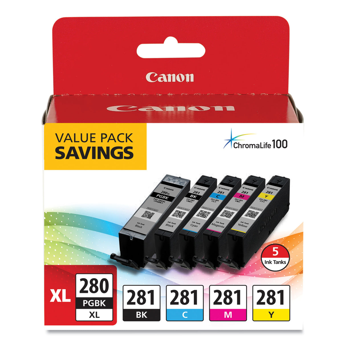 Canon 2021C007 (CLI-281; PGI-280 XL) ChromaLife100+ Ink, Black XL/Black/Cyan/Magenta/Yellow, 5/Pack