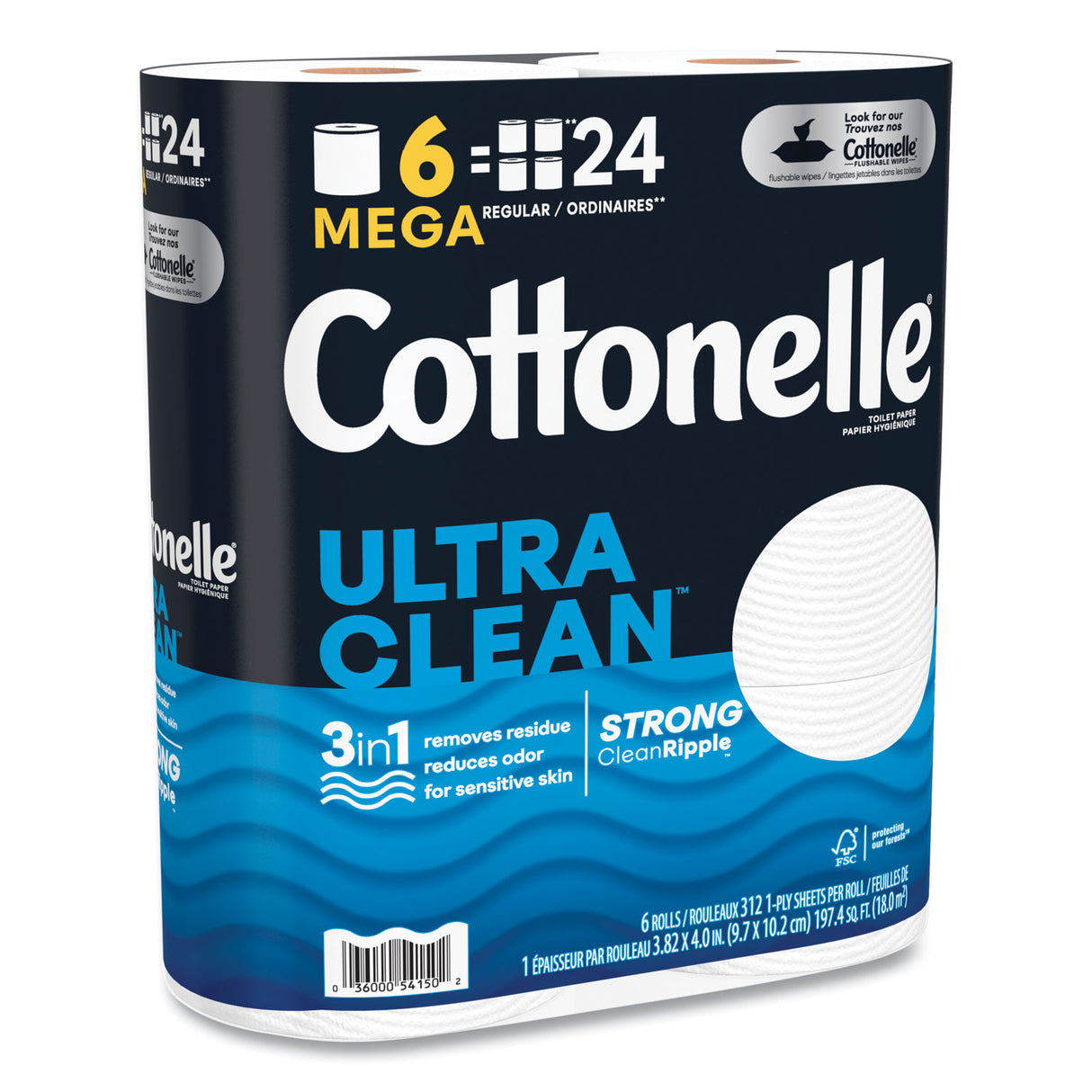 Cottonelle Ultra CleanCare Toilet Paper, Strong Tissue, Mega Rolls, Septic Safe, 1-Ply, White, 284/Roll, 6 Rolls/Pack, 36 Rolls/Carton (55699)