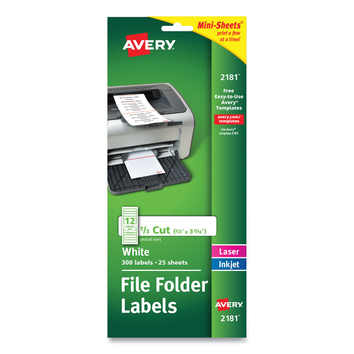 Avery Mini-Sheets Permanent File Folder Labels, 0.66 x 3.44, White, 12/Sheet, 25 Sheets/Pack (2181)