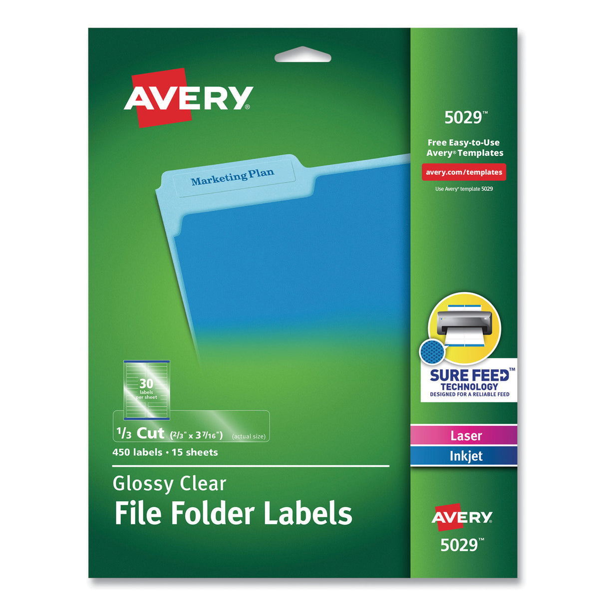 Avery Clear Permanent File Folder Labels with Sure Feed Technology, 0.66 x 3.44, Clear, 30/Sheet, 15 Sheets/Pack (5029)