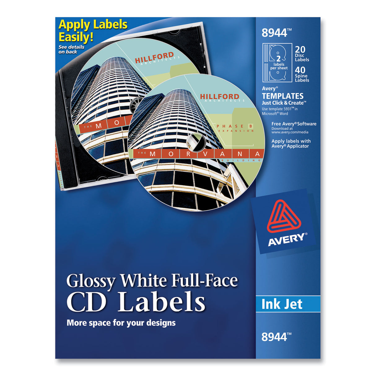 Avery Inkjet Full-Face CD Labels, Glossy White, 20/Pack (8944)