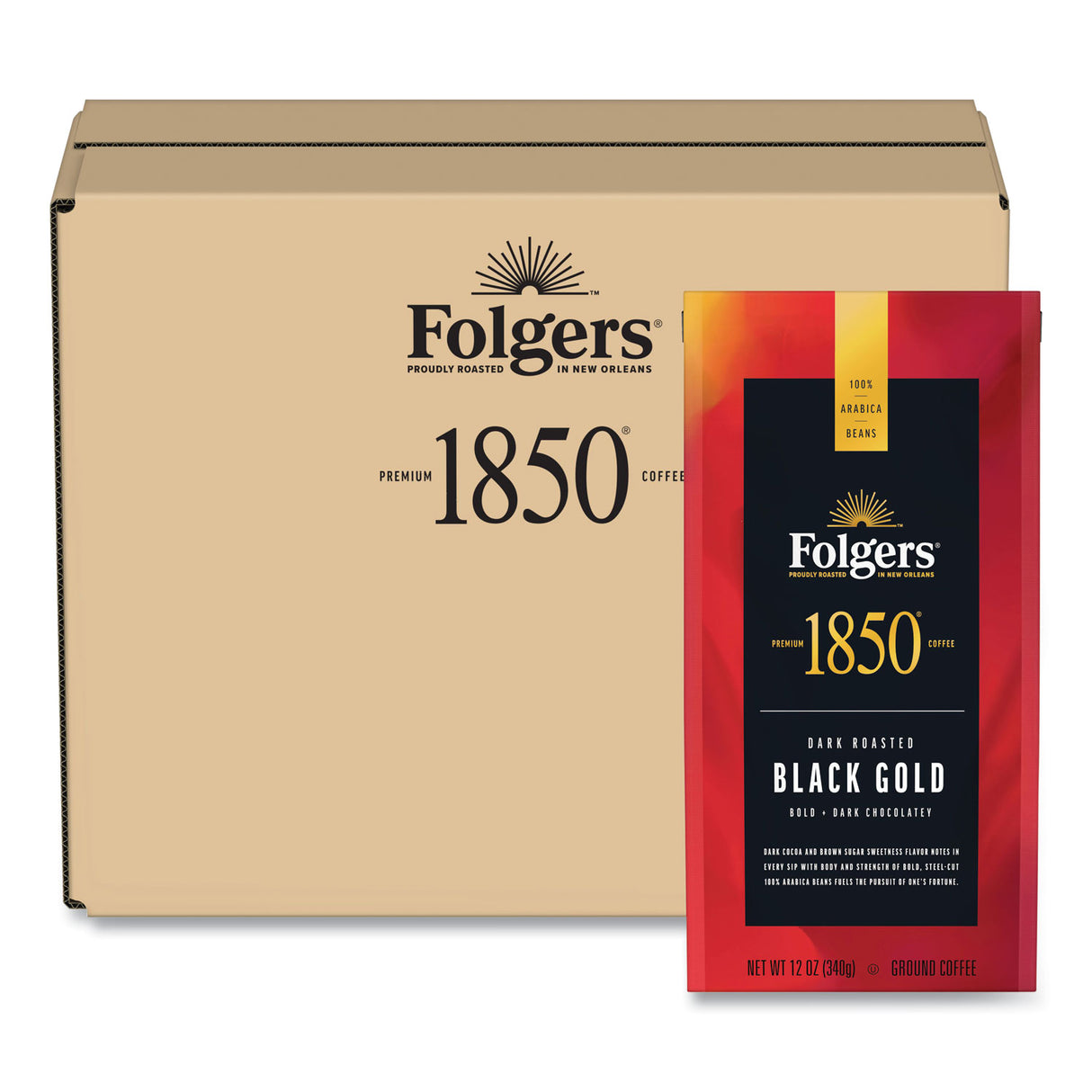 1850 Coffee, Black Gold, Dark Roast, Ground, 12 oz Bag, 6/Carton (60516)