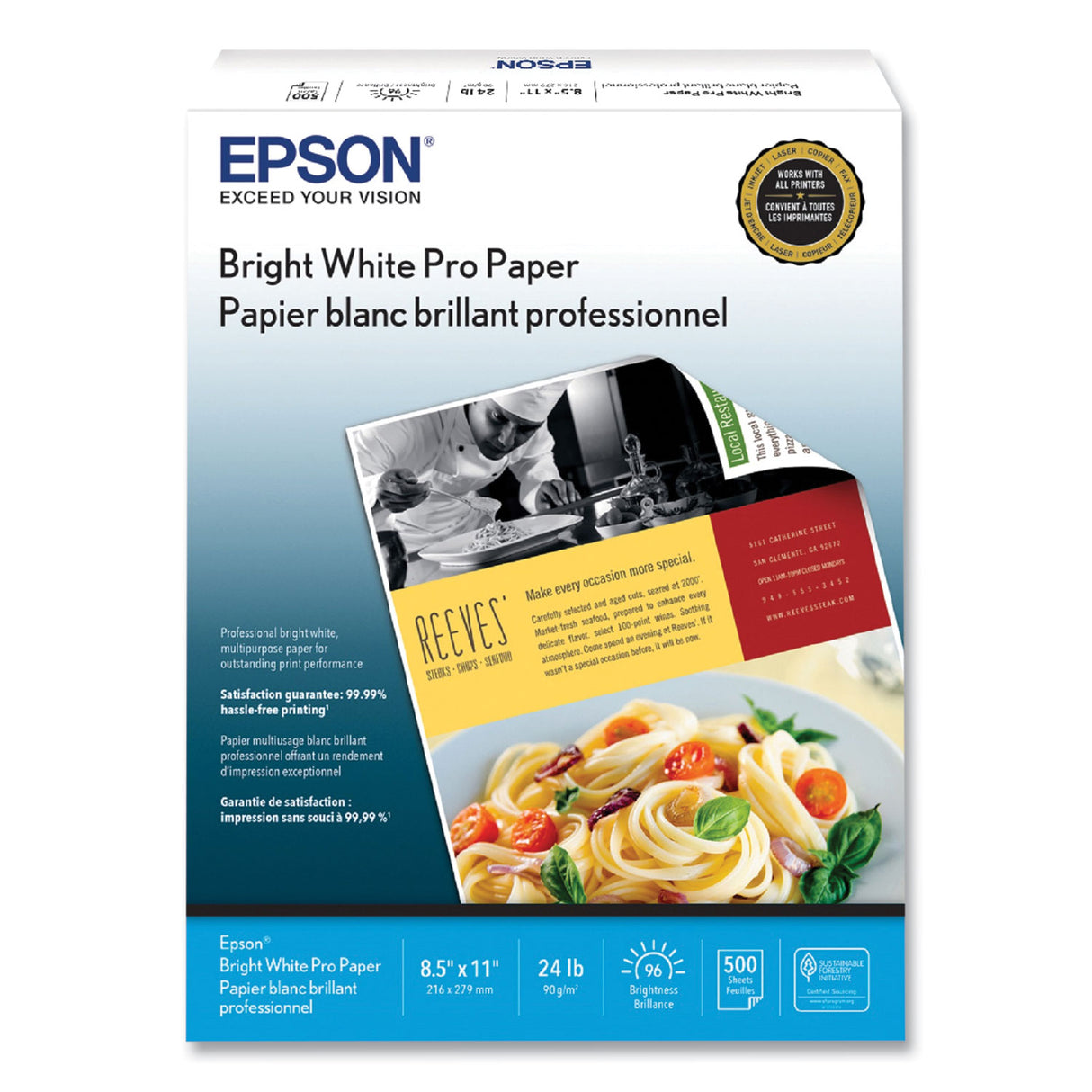 Epson Bright White Pro Paper, 96 Bright, 24 lb Bond Weight, 8.5 x 11, White, 500/Pack (S041586)